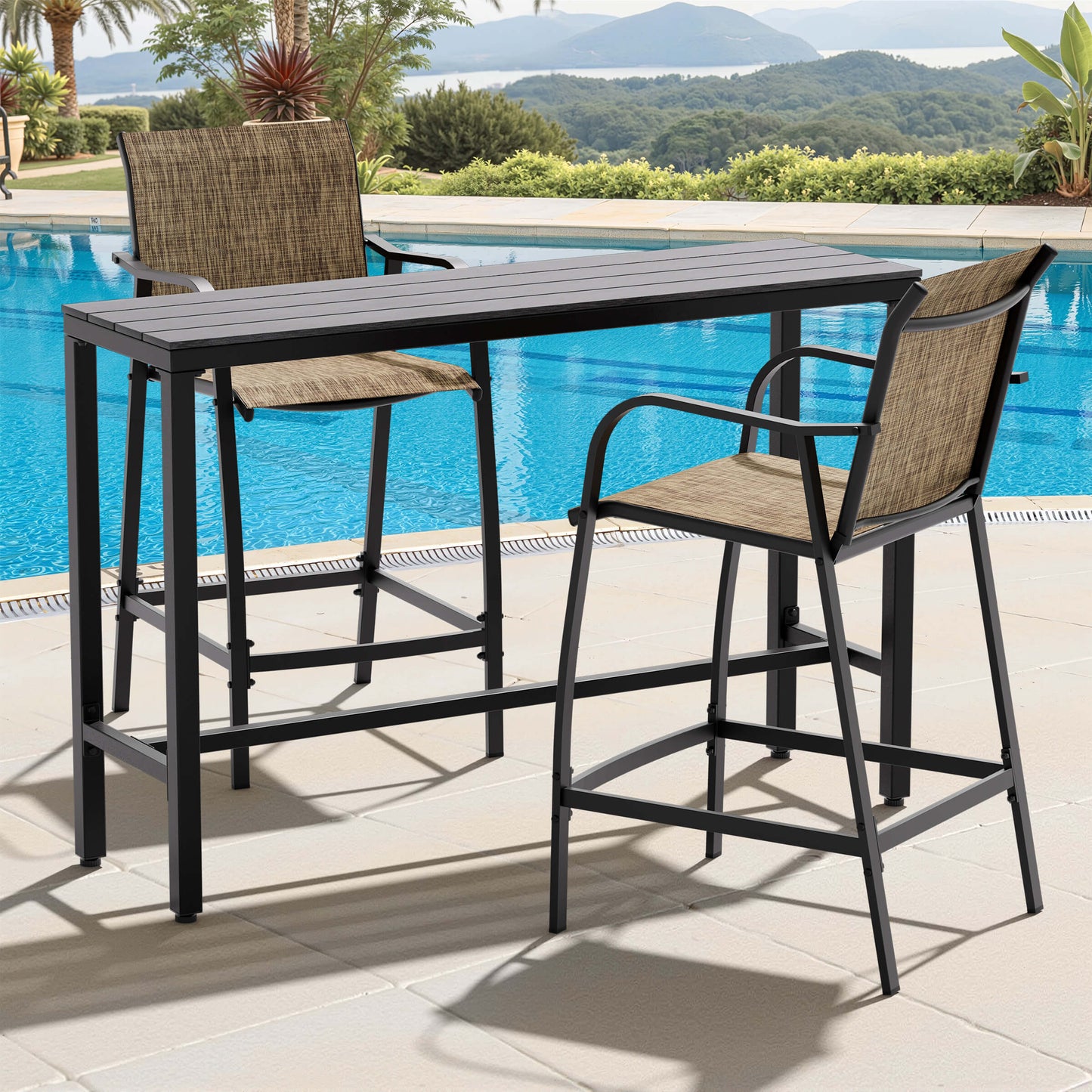 3-Piece Outdoor Bar Set with Wood-Plastic Table and Textilene Bar Chairs