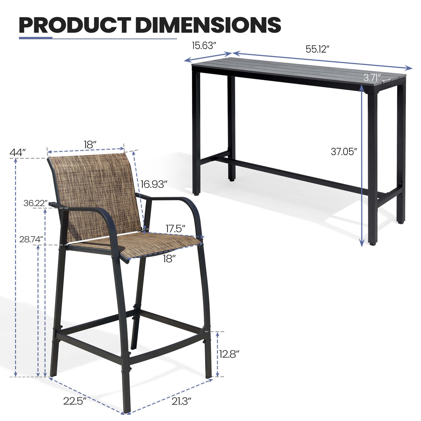 3-Piece Outdoor Bar Set with Wood-Plastic Table and Textilene Bar Chairs