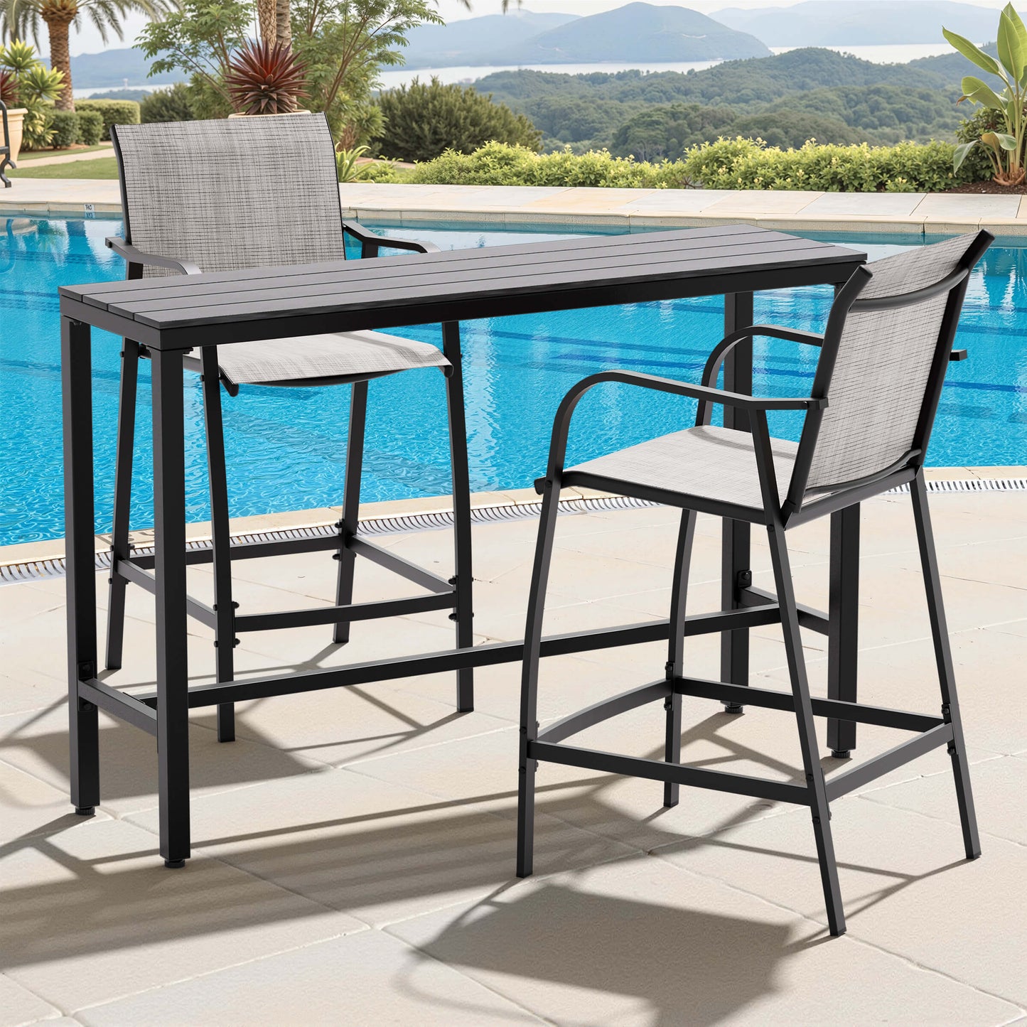 3-Piece Outdoor Bar Set with Wood-Plastic Table and Textilene Bar Chairs