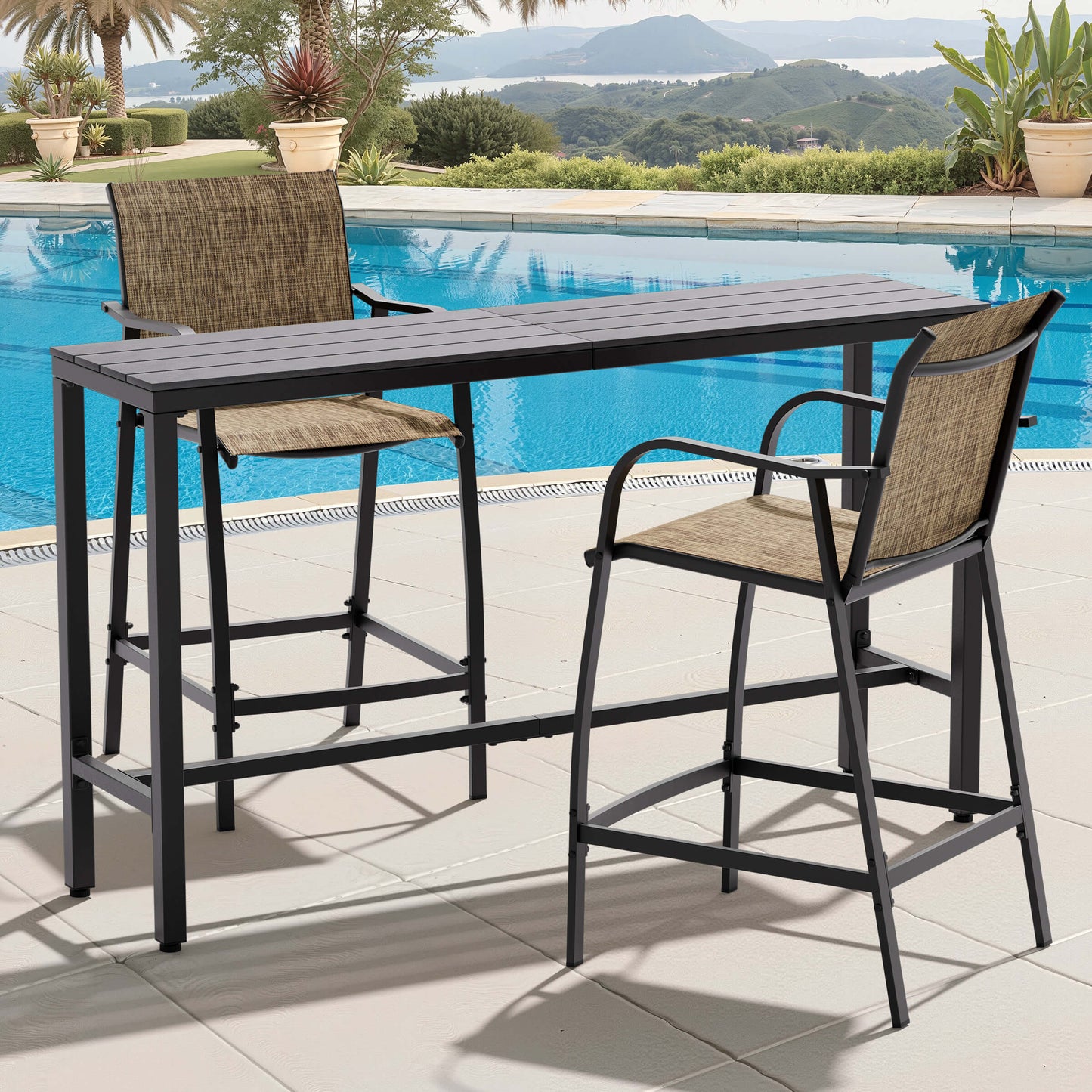 3-Piece Outdoor Bar Set with Wood-Plastic Table and Textilene Bar Chairs