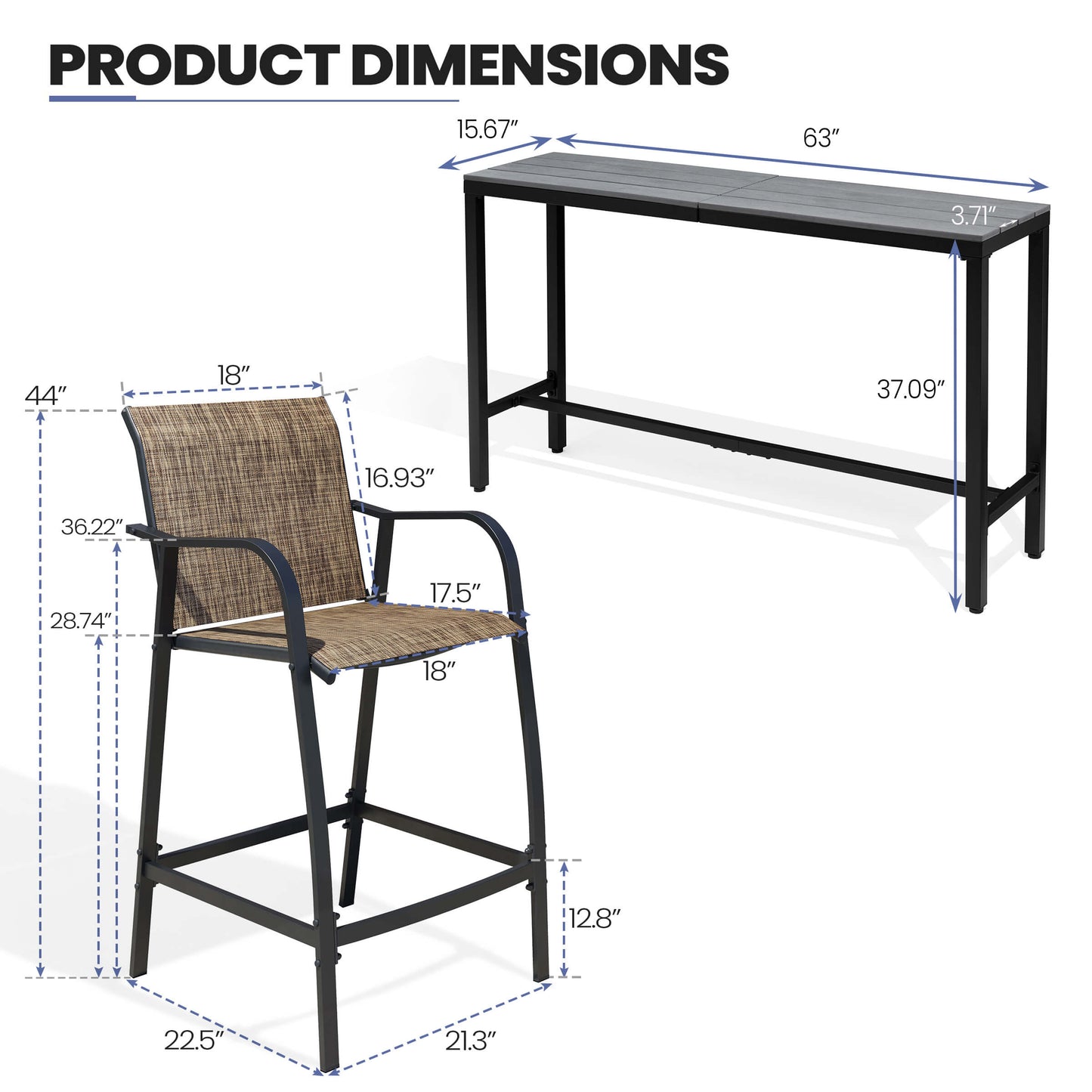 3-Piece Outdoor Bar Set with Wood-Plastic Table and Textilene Bar Chairs