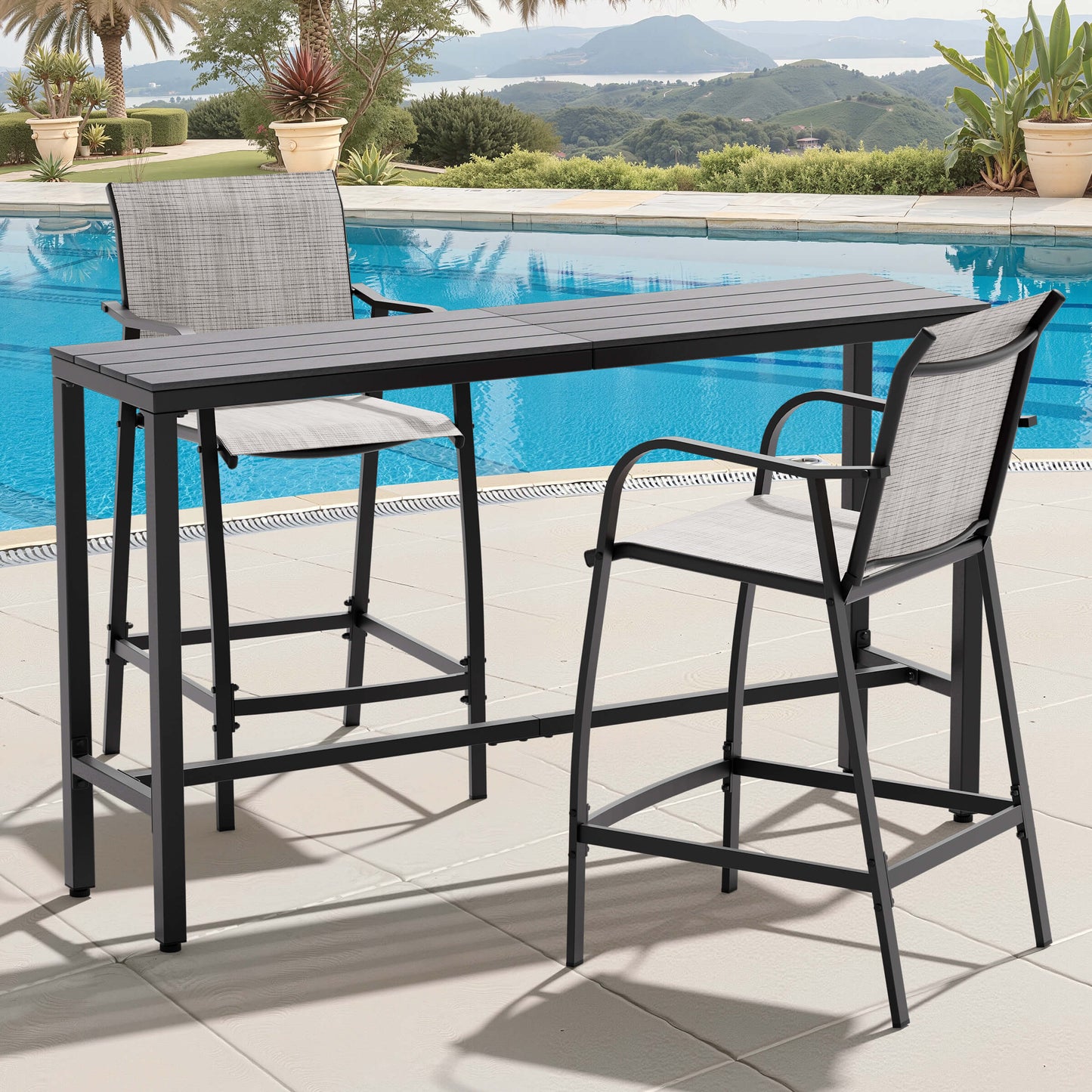 3-Piece Outdoor Bar Set with Wood-Plastic Table and Textilene Bar Chairs