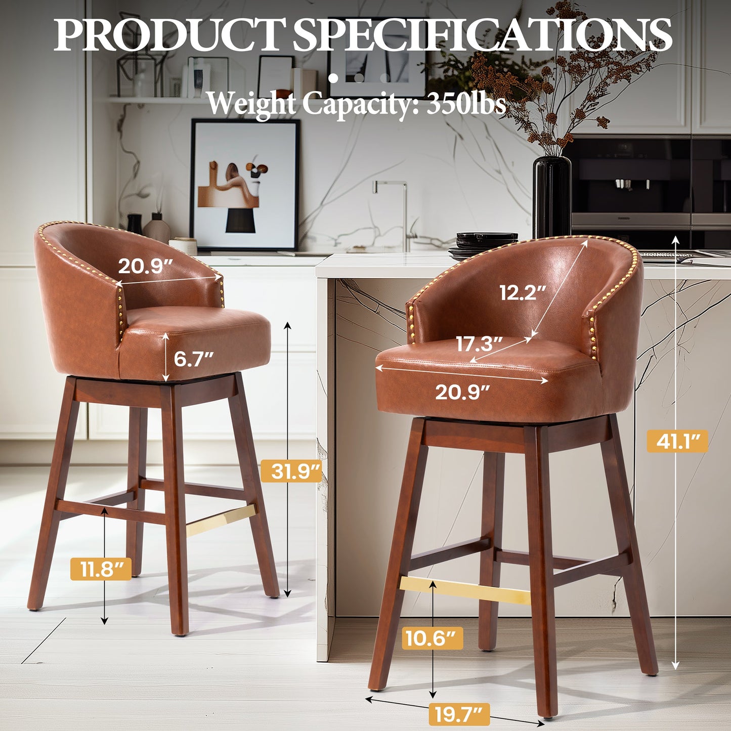 31.9" Swivel Faux Leather Bar Stool Set of 2