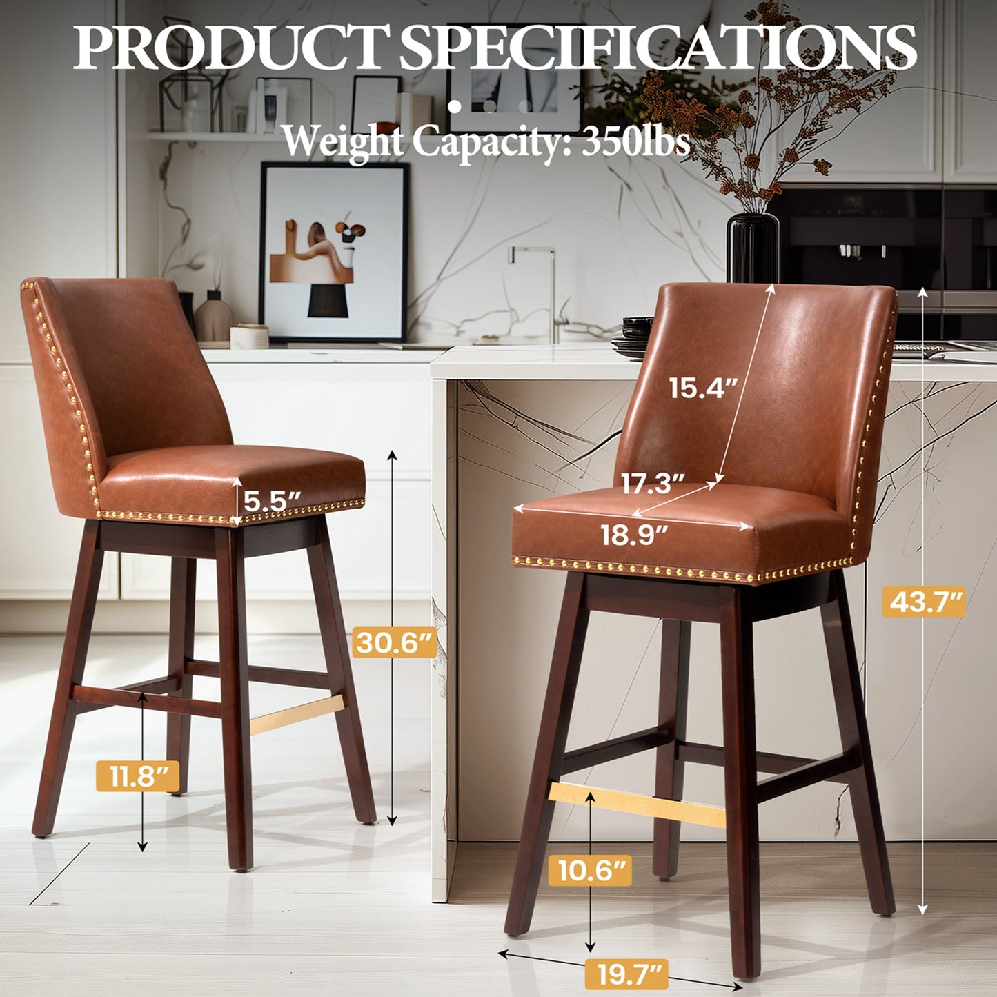 30.6" Swivel Faux Leather Bar Stool Set of 2 with Backrest