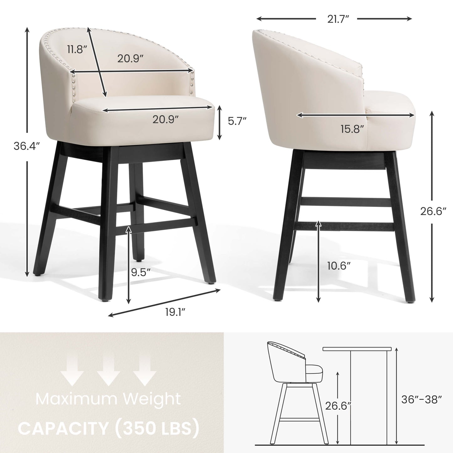 Swivel PU Leather Bar Stools, Set of 2 (Wood Base)