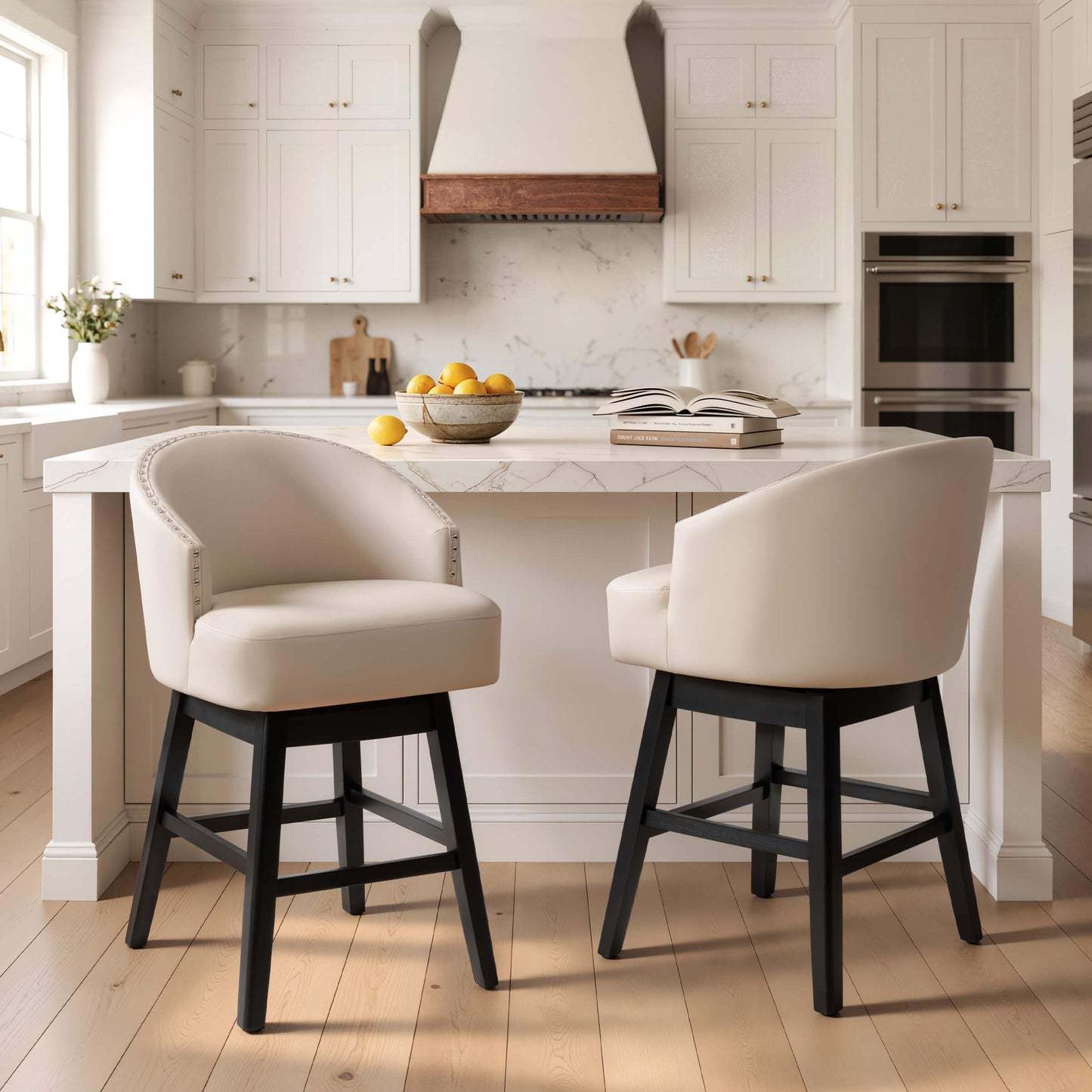 Swivel PU Leather Bar Stools, Set of 2 (Wood Base)