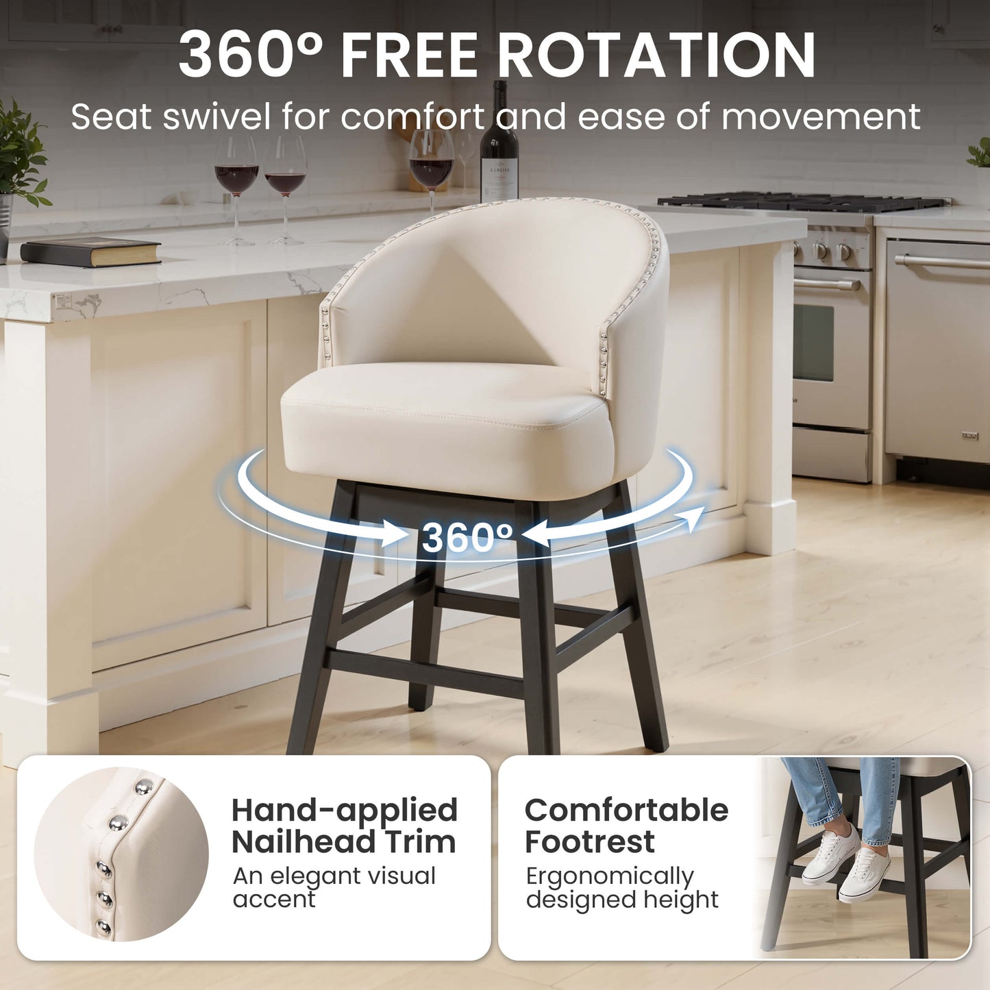 Swivel PU Leather Bar Stools, Set of 2 (Wood Base)