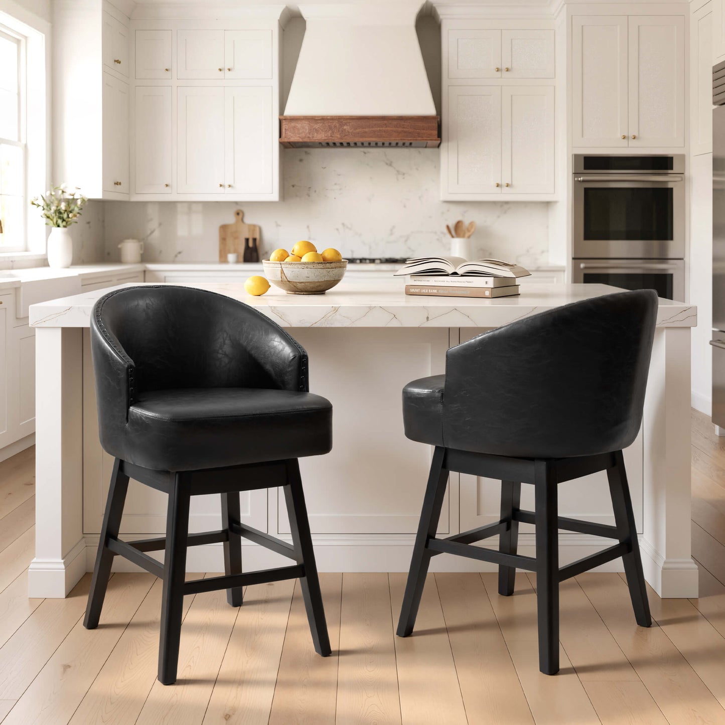 Swivel PU Leather Bar Stools, Set of 2 (Wood Base)