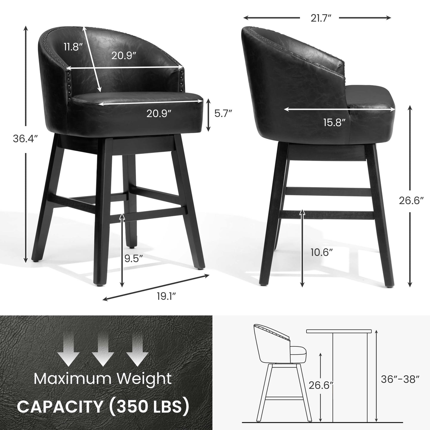 Swivel PU Leather Bar Stools, Set of 2 (Wood Base)