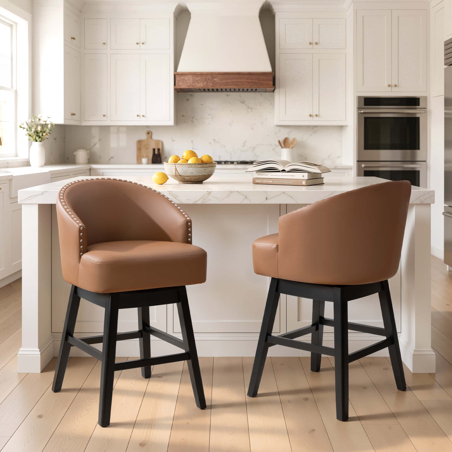 Swivel PU Leather Bar Stools, Set of 2 (Wood Base)