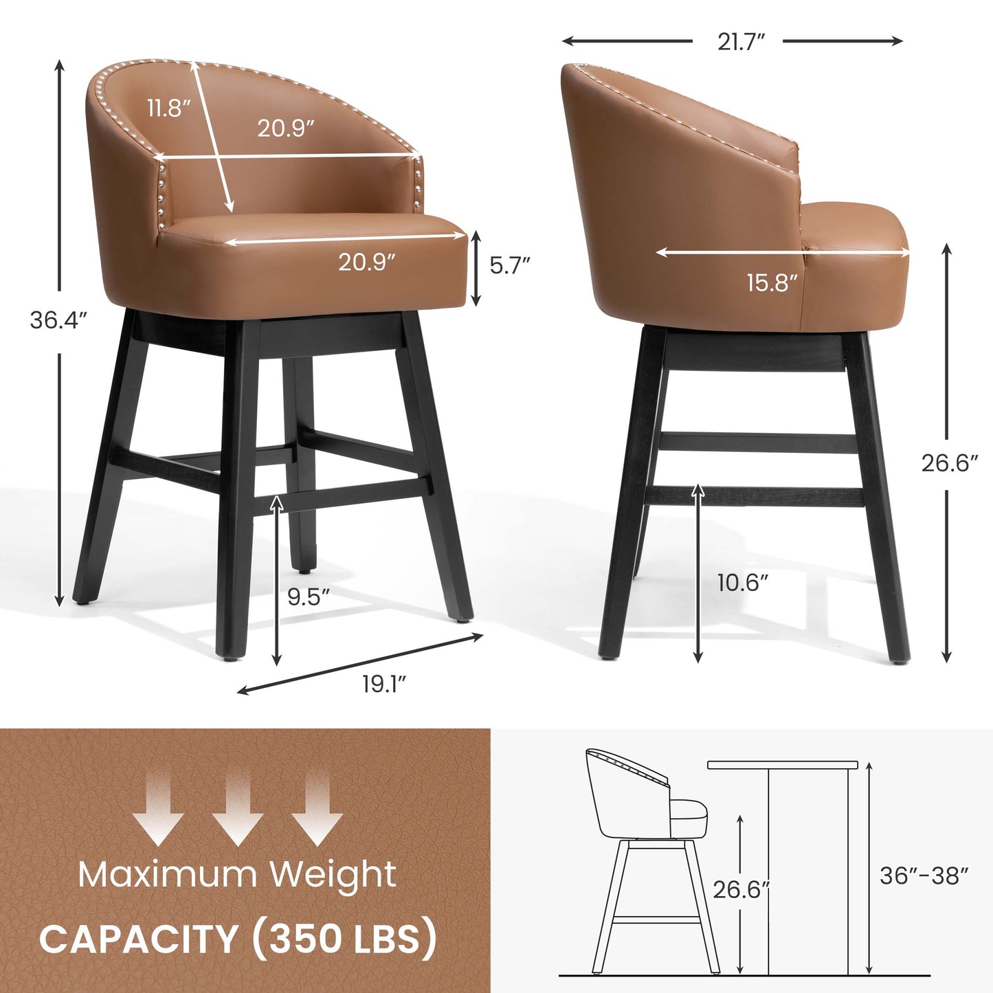 Swivel PU Leather Bar Stools, Set of 2 (Wood Base)