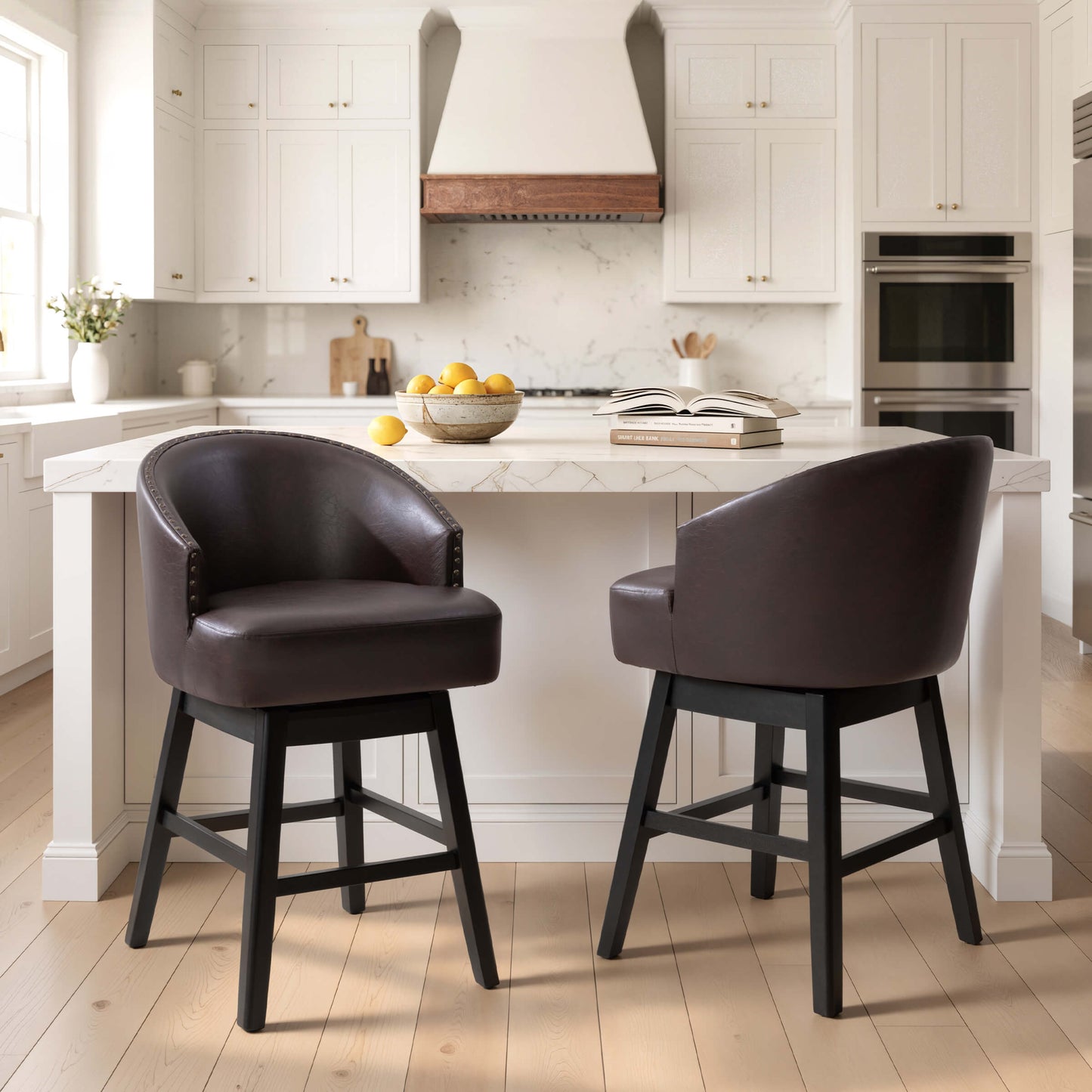 Swivel PU Leather Bar Stools, Set of 2 (Wood Base)