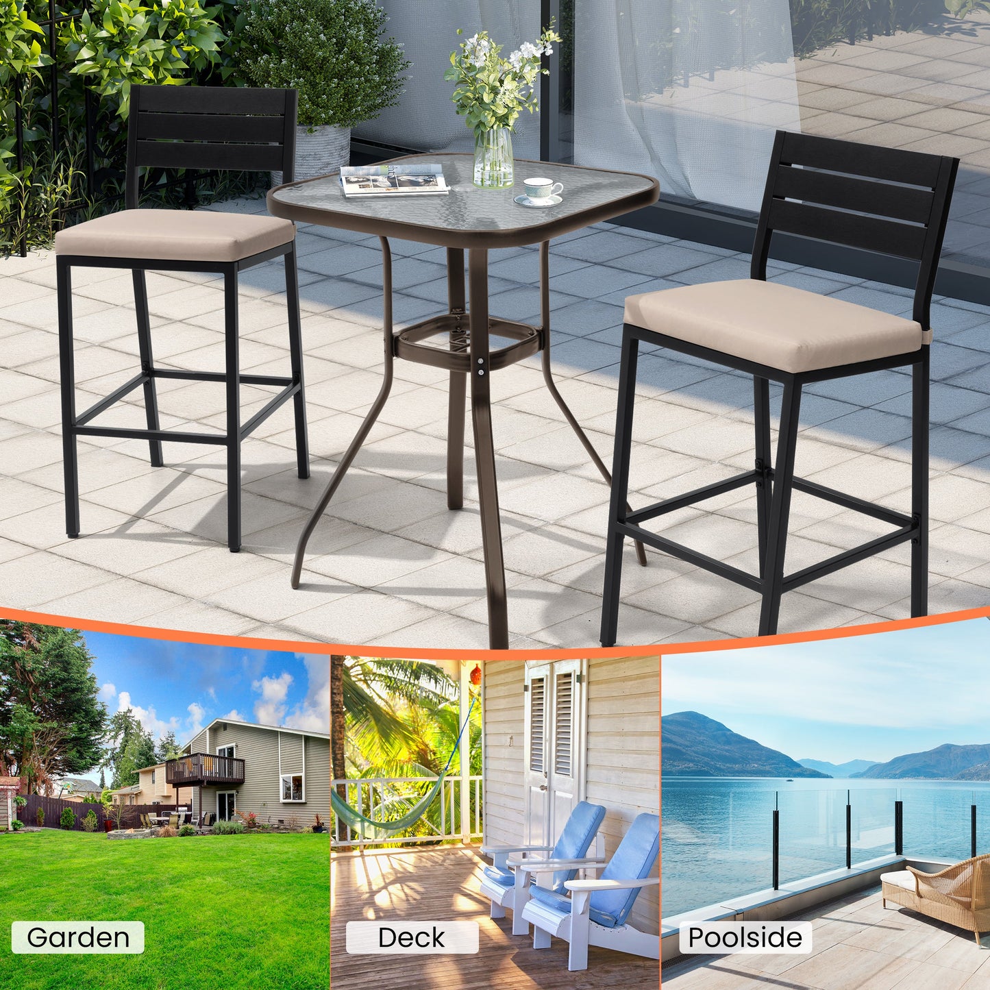 27" Square Glass Top Outdoor Side Table with Umbrella Hole