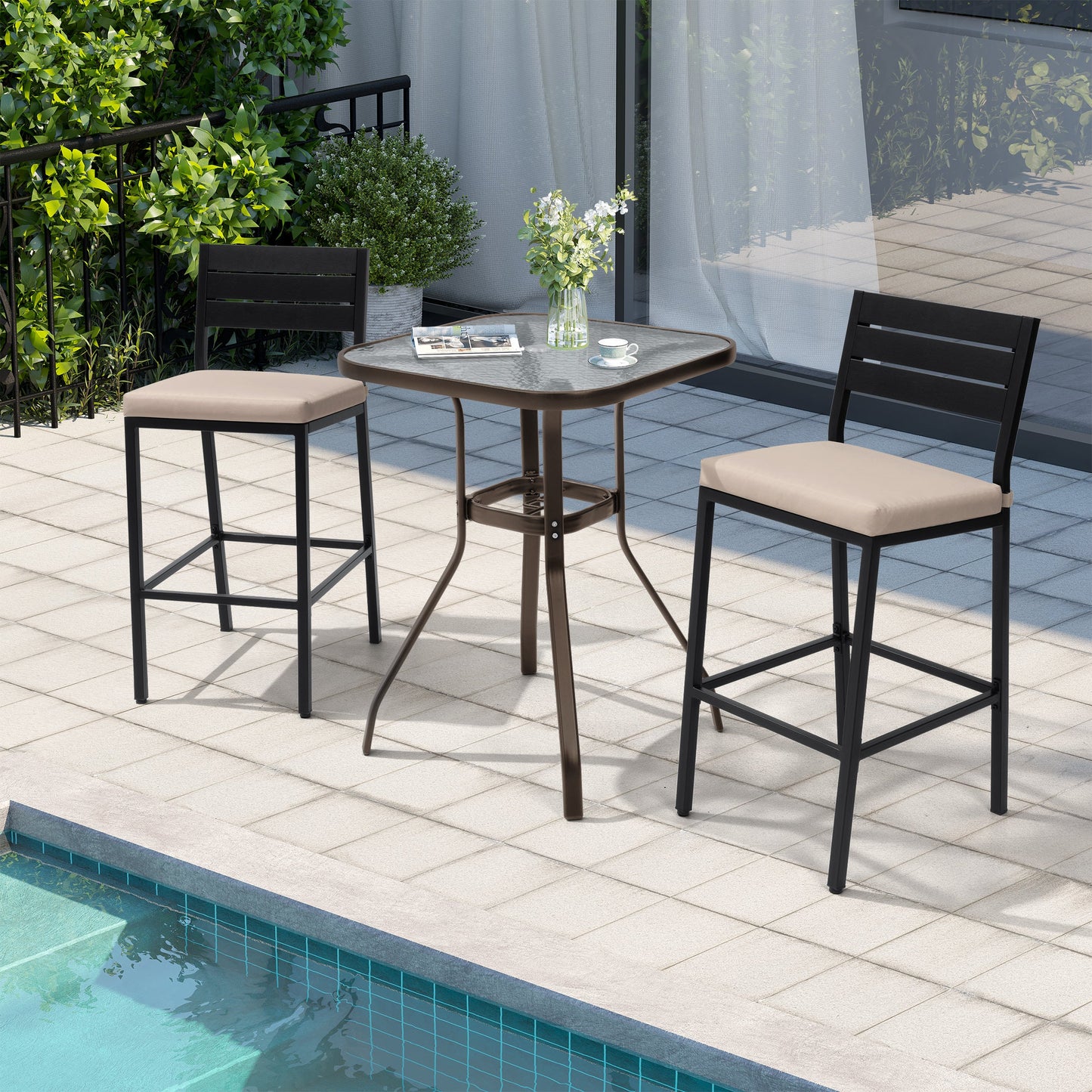 27" Square Glass Top Outdoor Side Table with Umbrella Hole