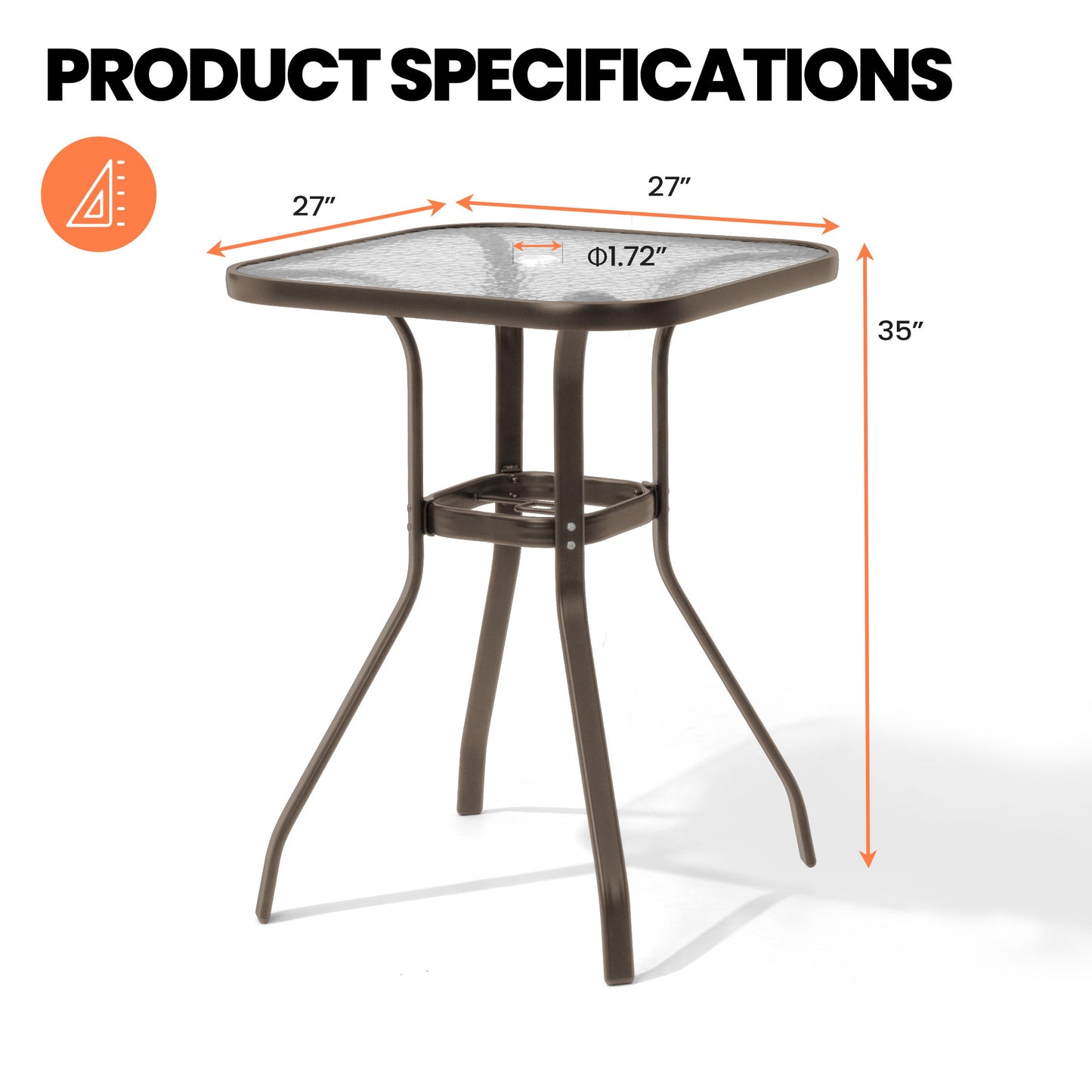 27" Square Glass Top Outdoor Side Table with Umbrella Hole