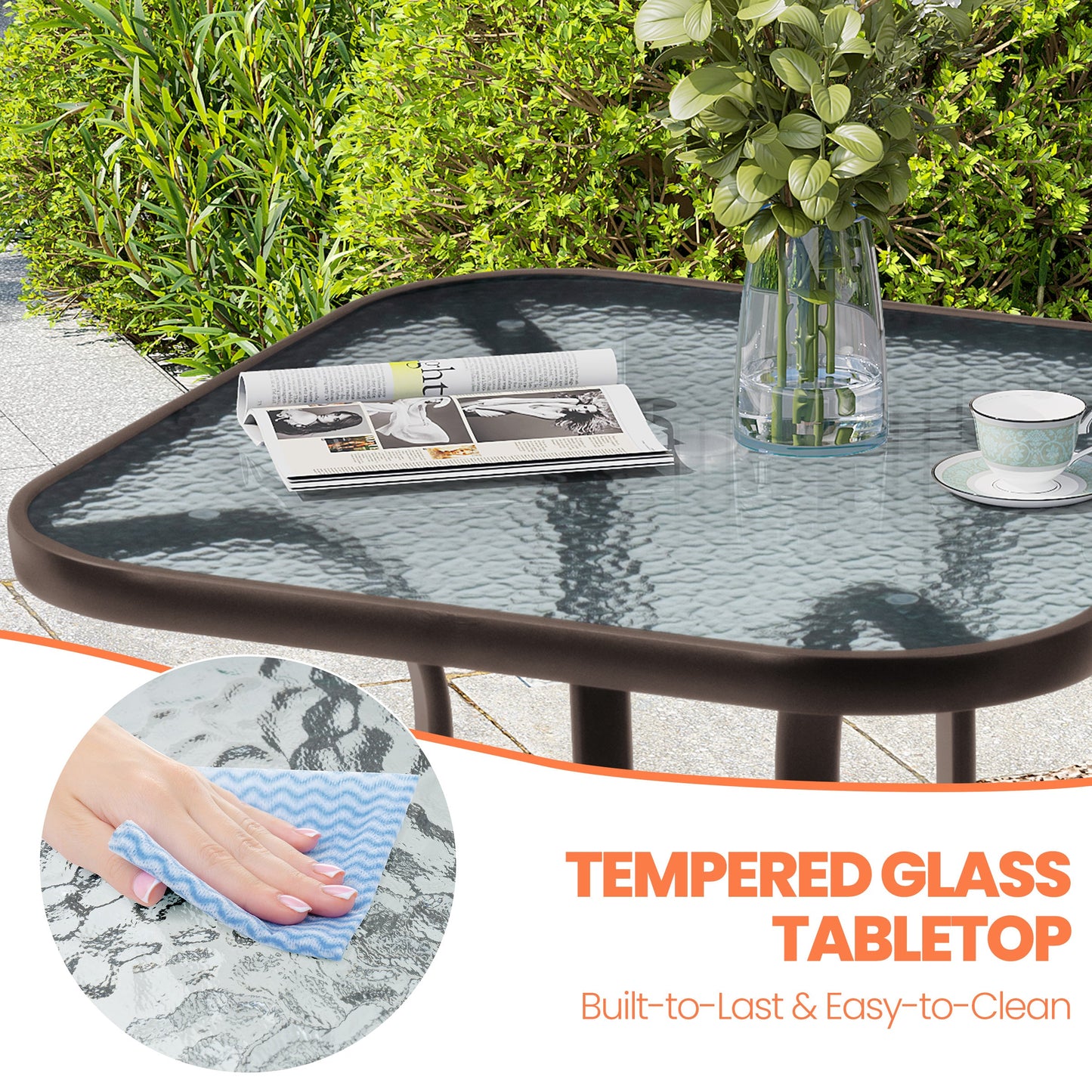 27" Square Glass Top Outdoor Side Table with Umbrella Hole