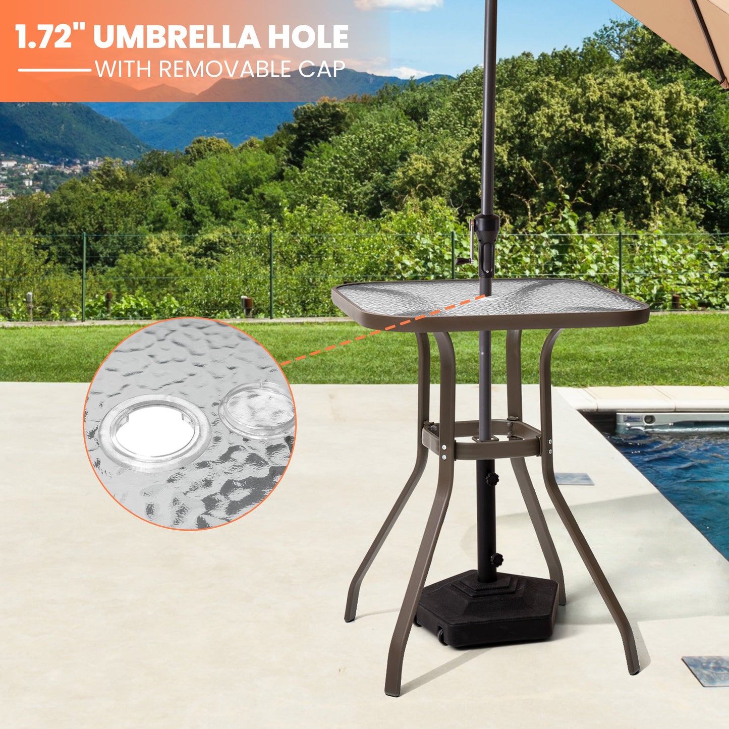 27" Square Glass Top Outdoor Side Table with Umbrella Hole