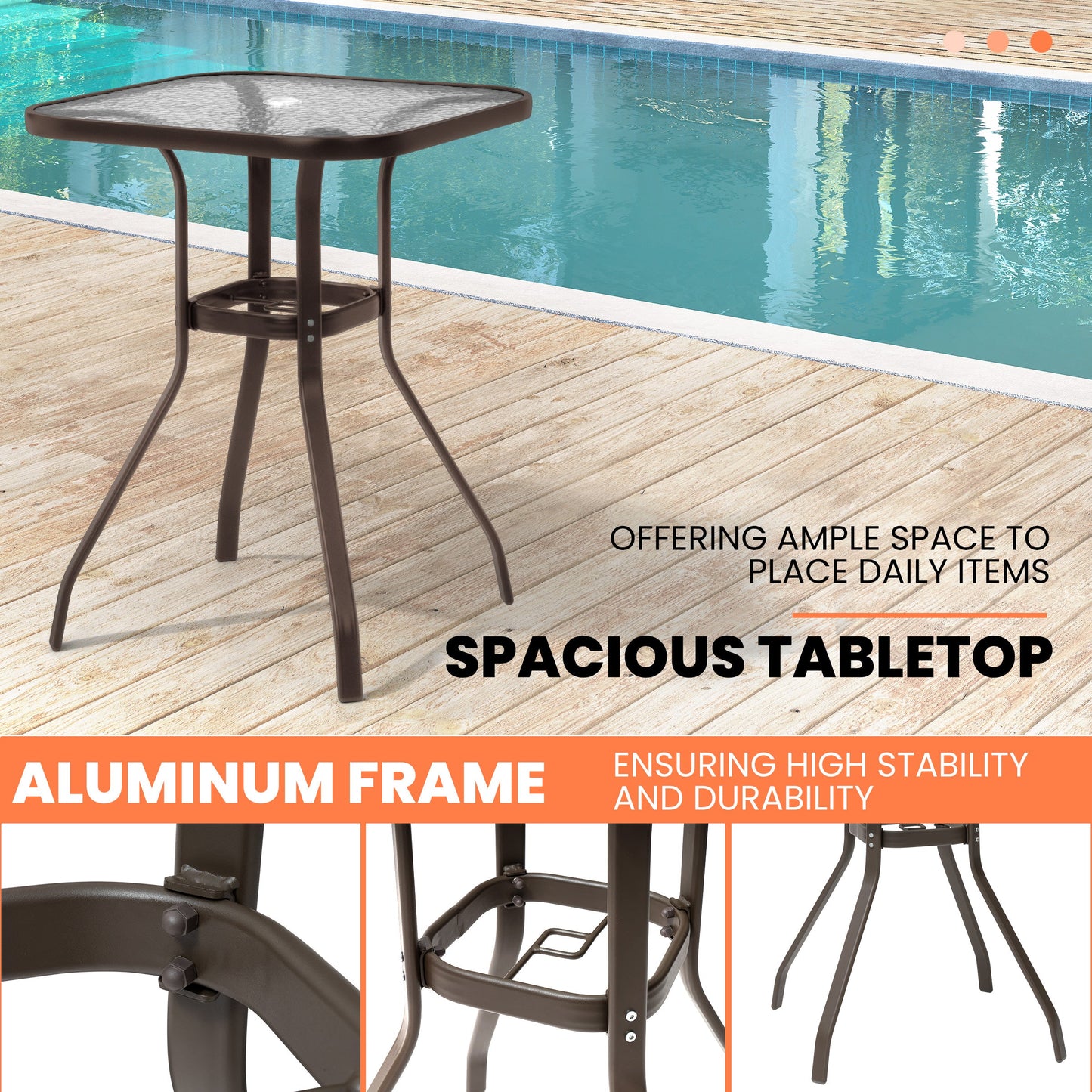 27" Square Glass Top Outdoor Side Table with Umbrella Hole