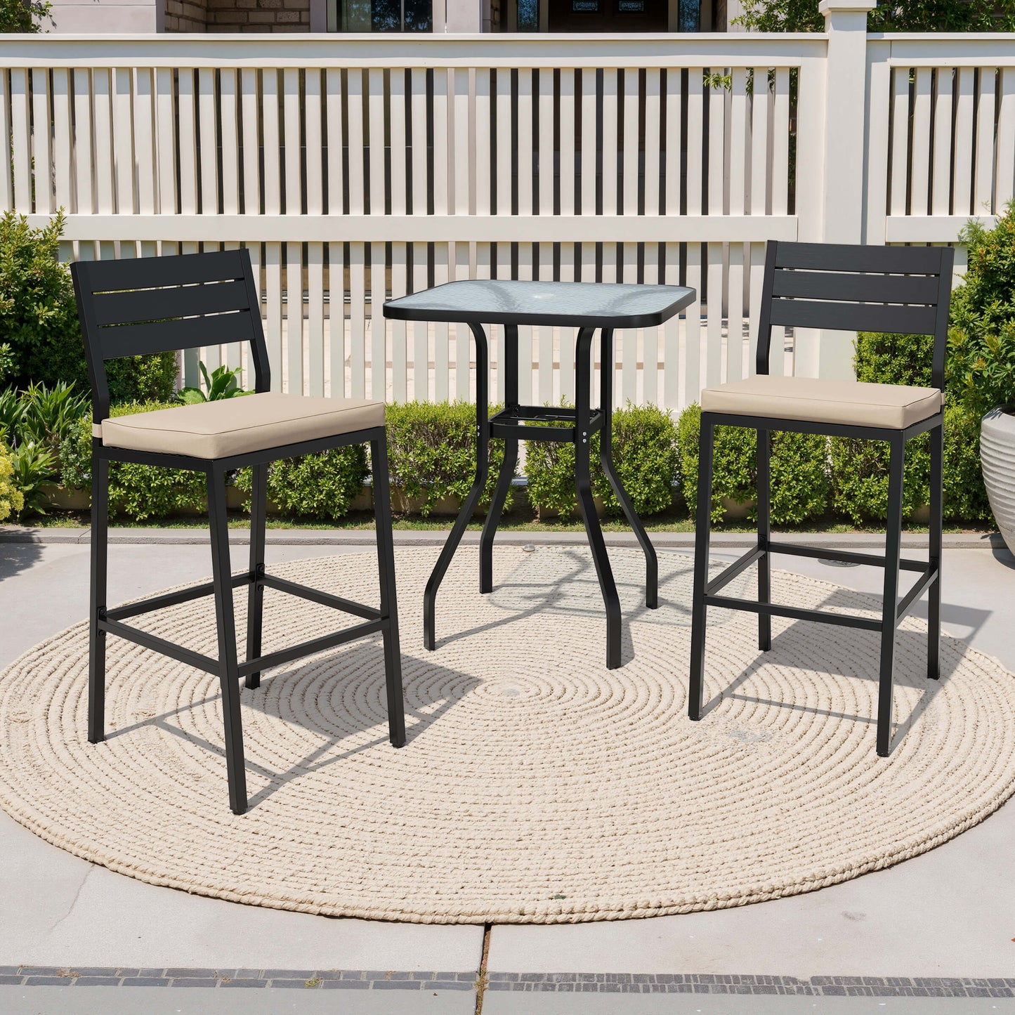 3-Piece Metal Frame Glass Top Outdoor Bar Set with Umbrella Hole