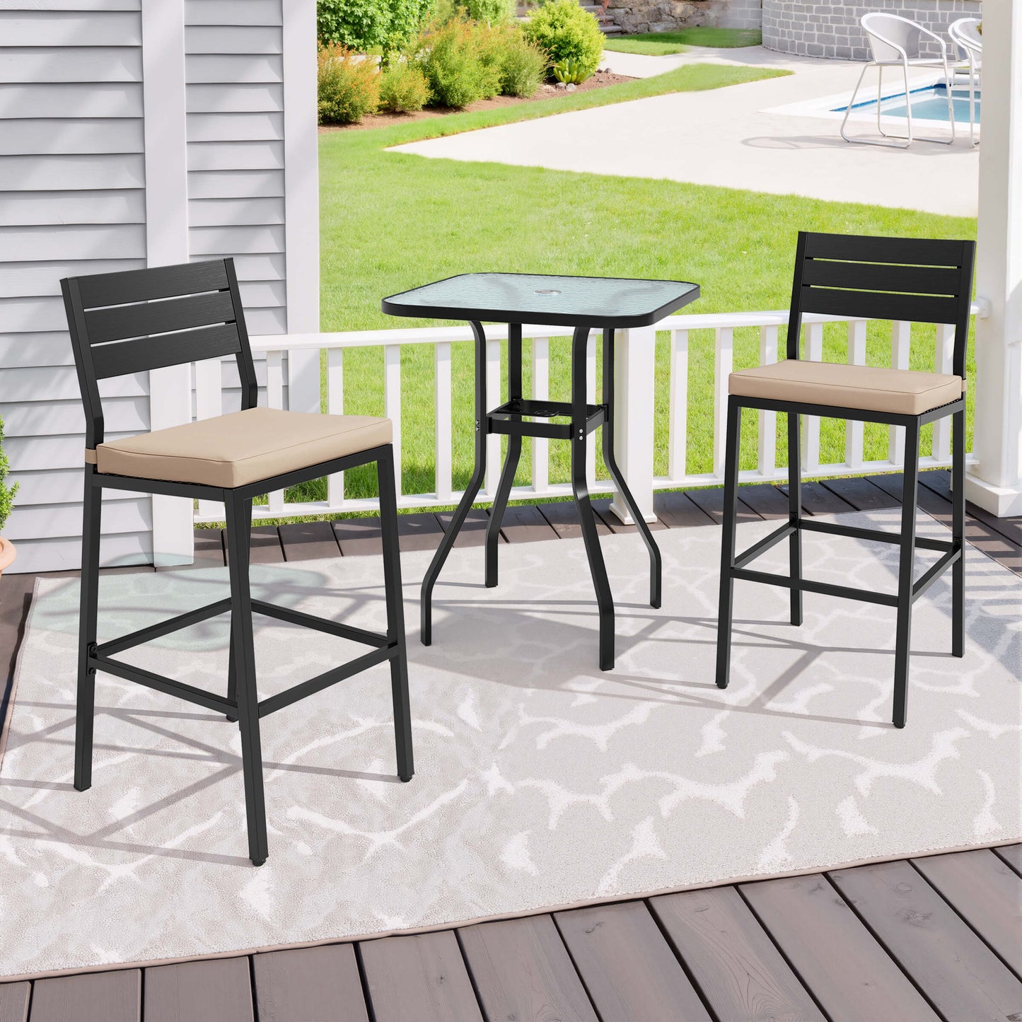 3-Piece Metal Frame Glass Top Outdoor Bar Set with Umbrella Hole