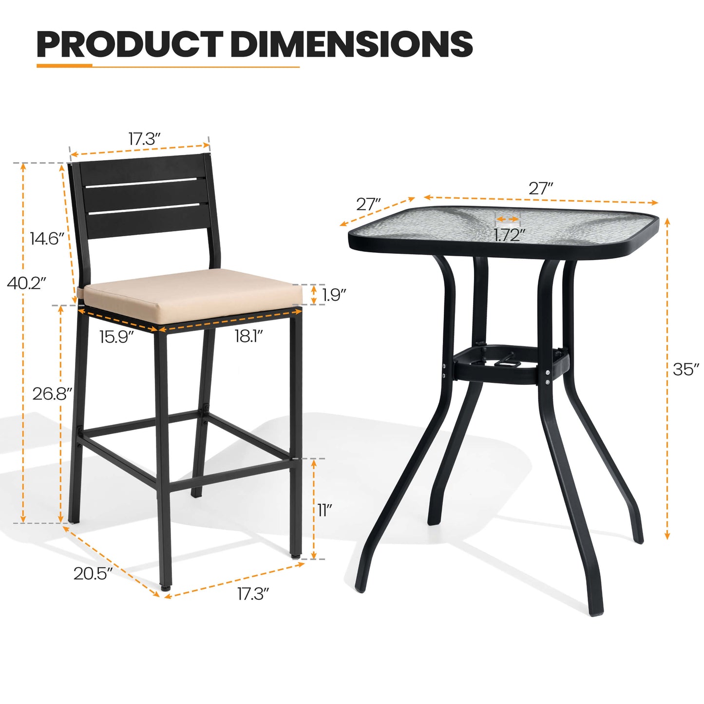 3-Piece Metal Frame Glass Top Outdoor Bar Set with Umbrella Hole