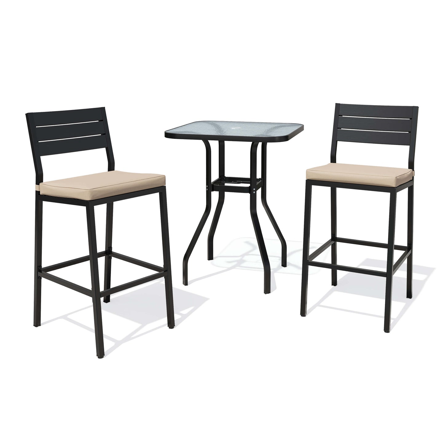 3-Piece Metal Frame Glass Top Outdoor Bar Set with Umbrella Hole