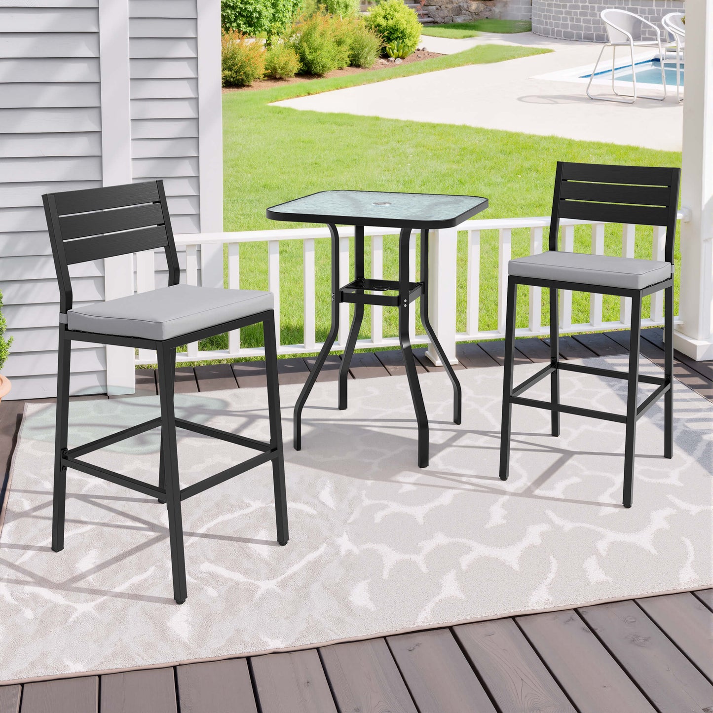 3-Piece Metal Frame Glass Top Outdoor Bar Set with Umbrella Hole