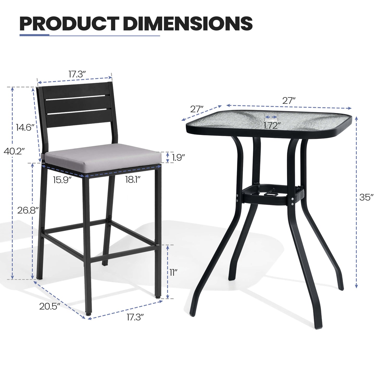 3-Piece Metal Frame Glass Top Outdoor Bar Set with Umbrella Hole