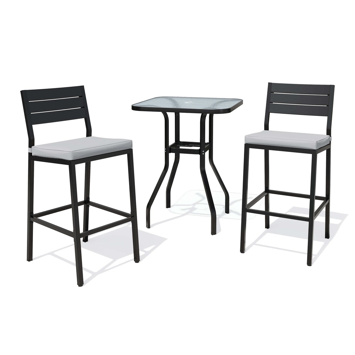 3-Piece Metal Frame Glass Top Outdoor Bar Set with Umbrella Hole