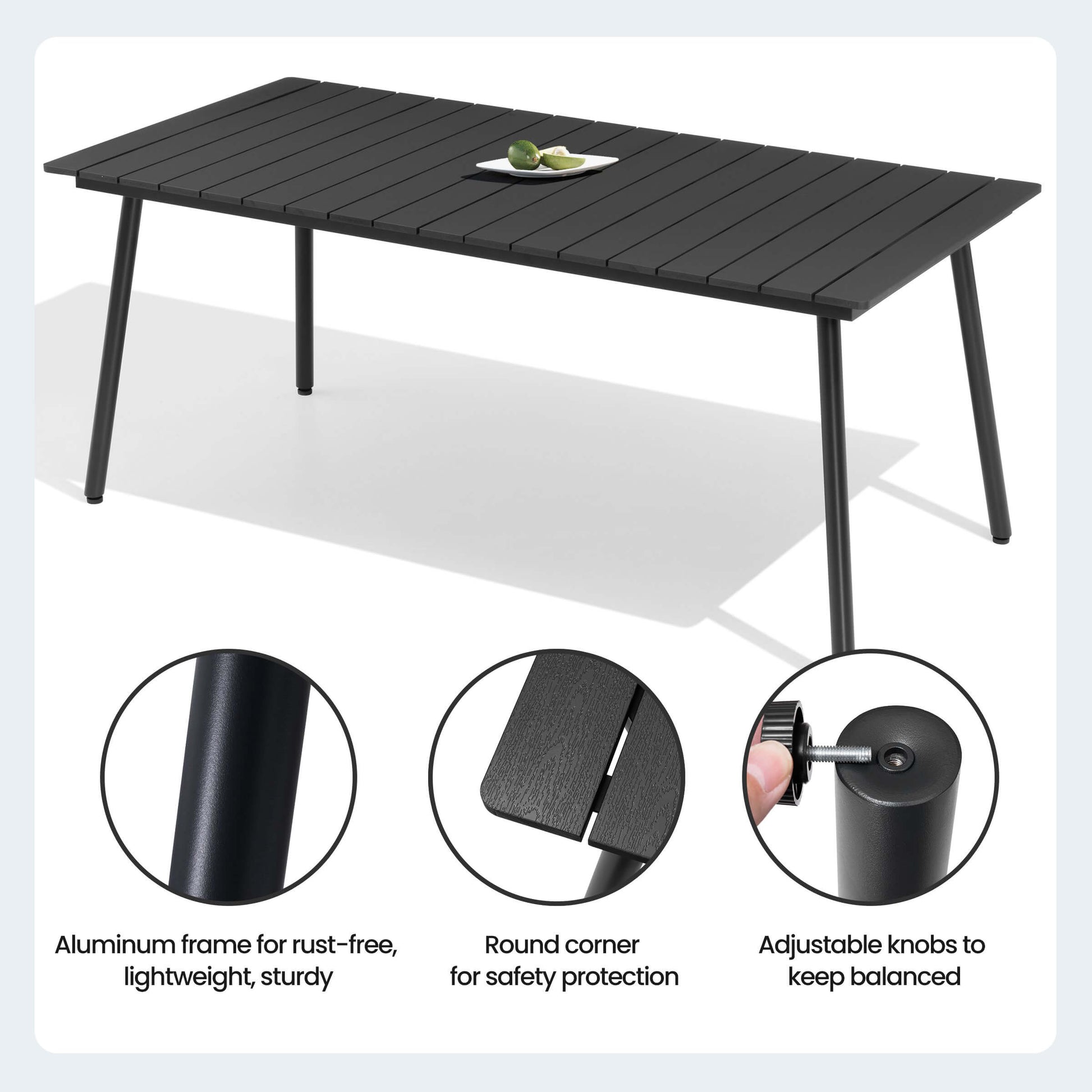 Black aluminum outdoor dining table featuring rounded corners, polywood top, and adjustable foot pads.