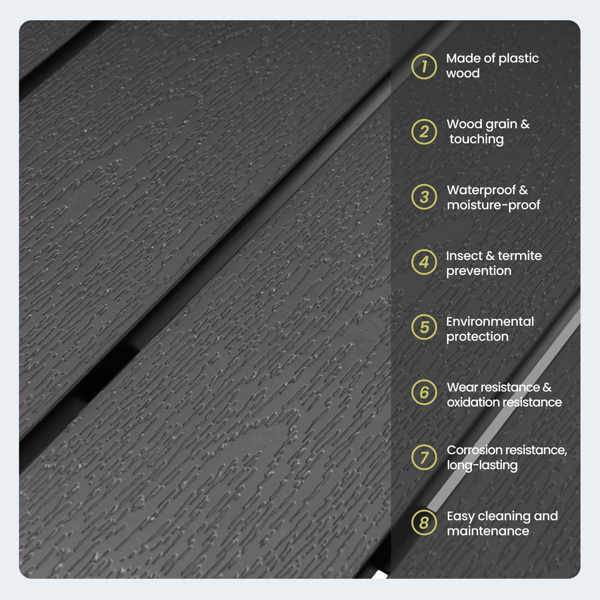 Close-up of waterproof dark gray polywood slatted tabletop texture detailing material features.