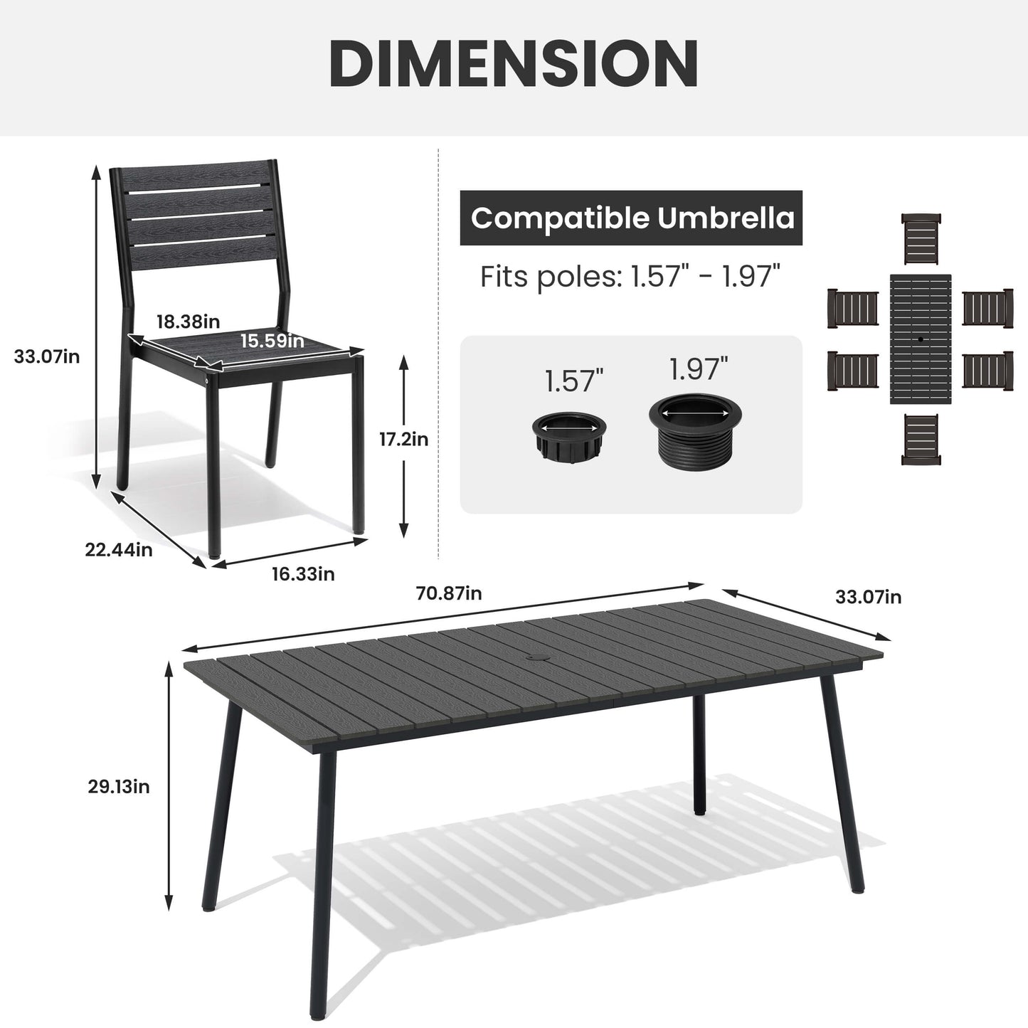 Dimensions diagram for 7-piece patio dining set with armless chair, rectangular table, and umbrella hole size.