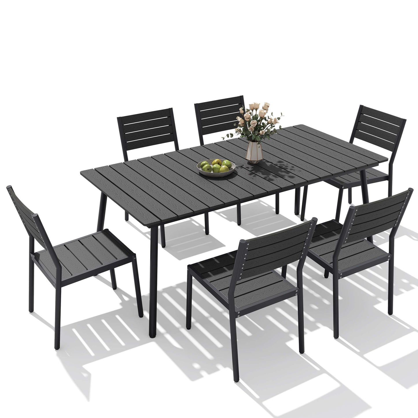 Black 7-piece outdoor dining set with polywood slatted table and 6 chairs on white background.