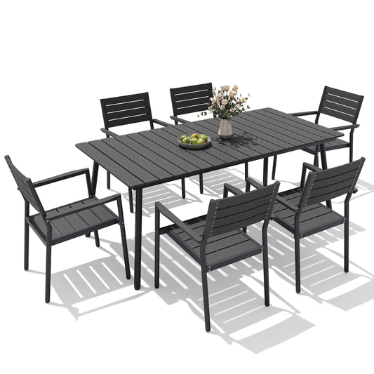 7-piece aluminum outdoor dining set with polywood table and 6 chairs on white background.