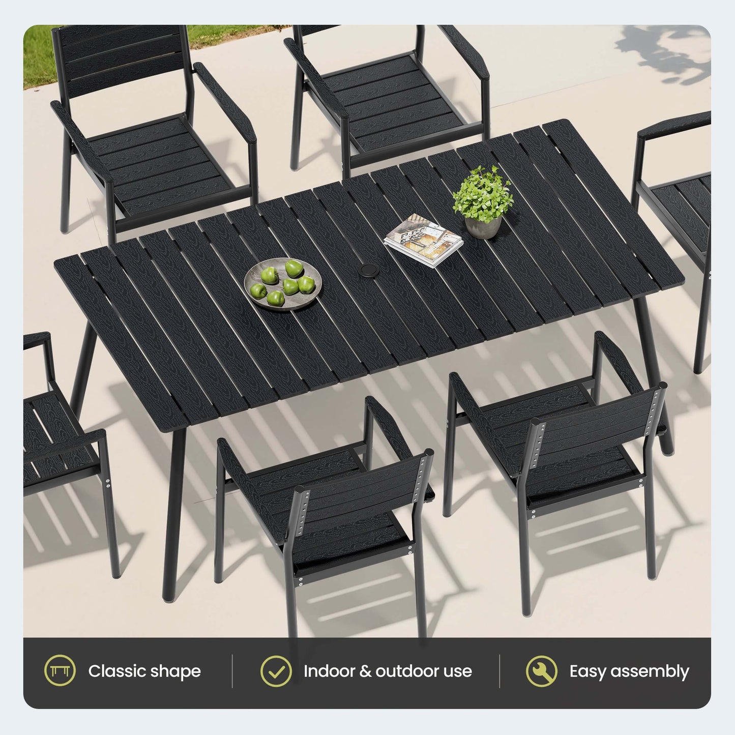 Top view of black aluminum patio dining set with polywood table and 6 armchairs.