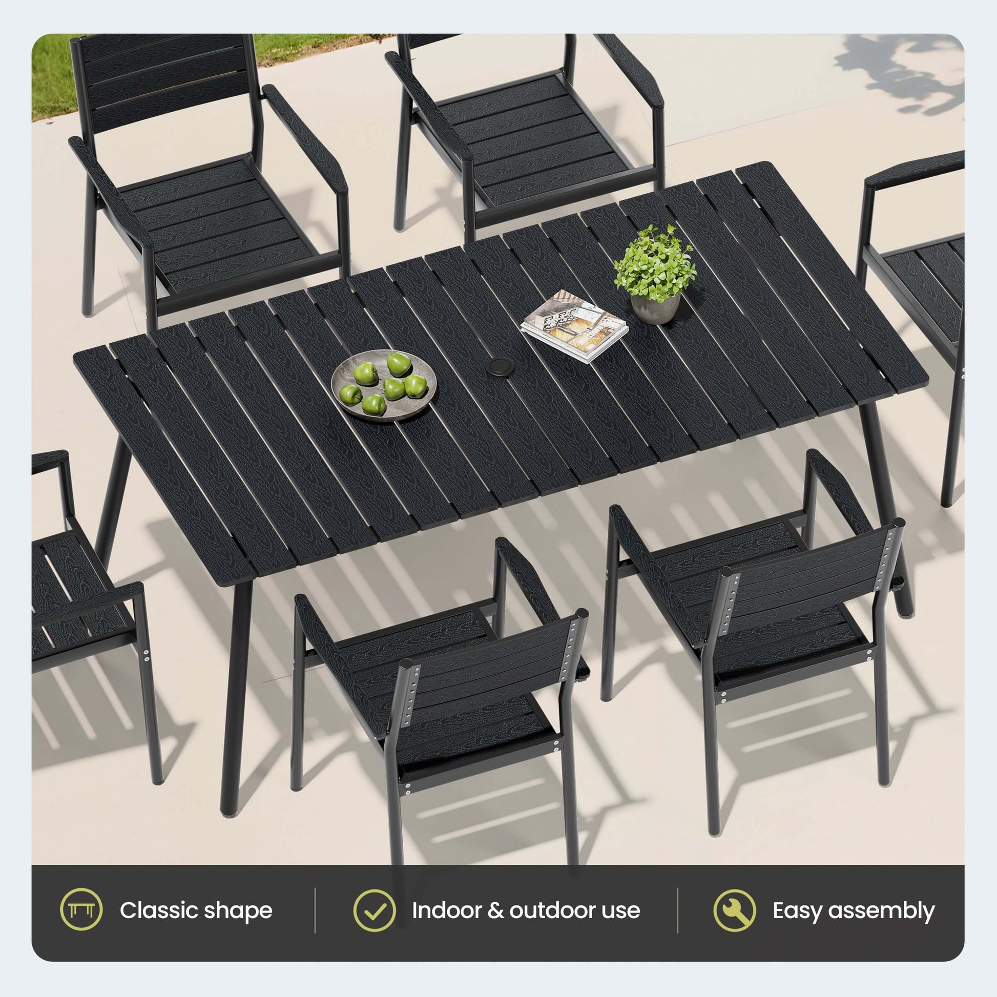 Top view of black aluminum patio dining set with polywood table and 6 armchairs.