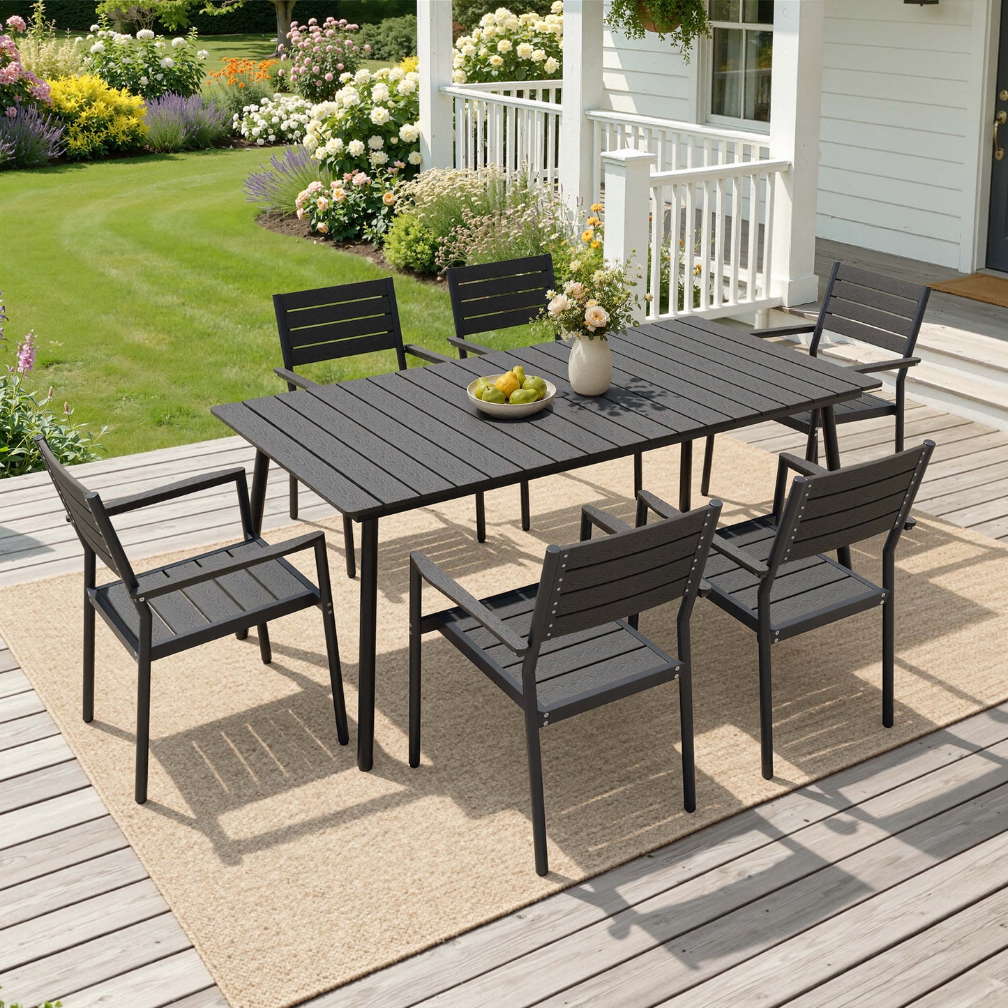 7-piece aluminum outdoor dining set with polywood table and 6 chairs on a wooden porch deck.