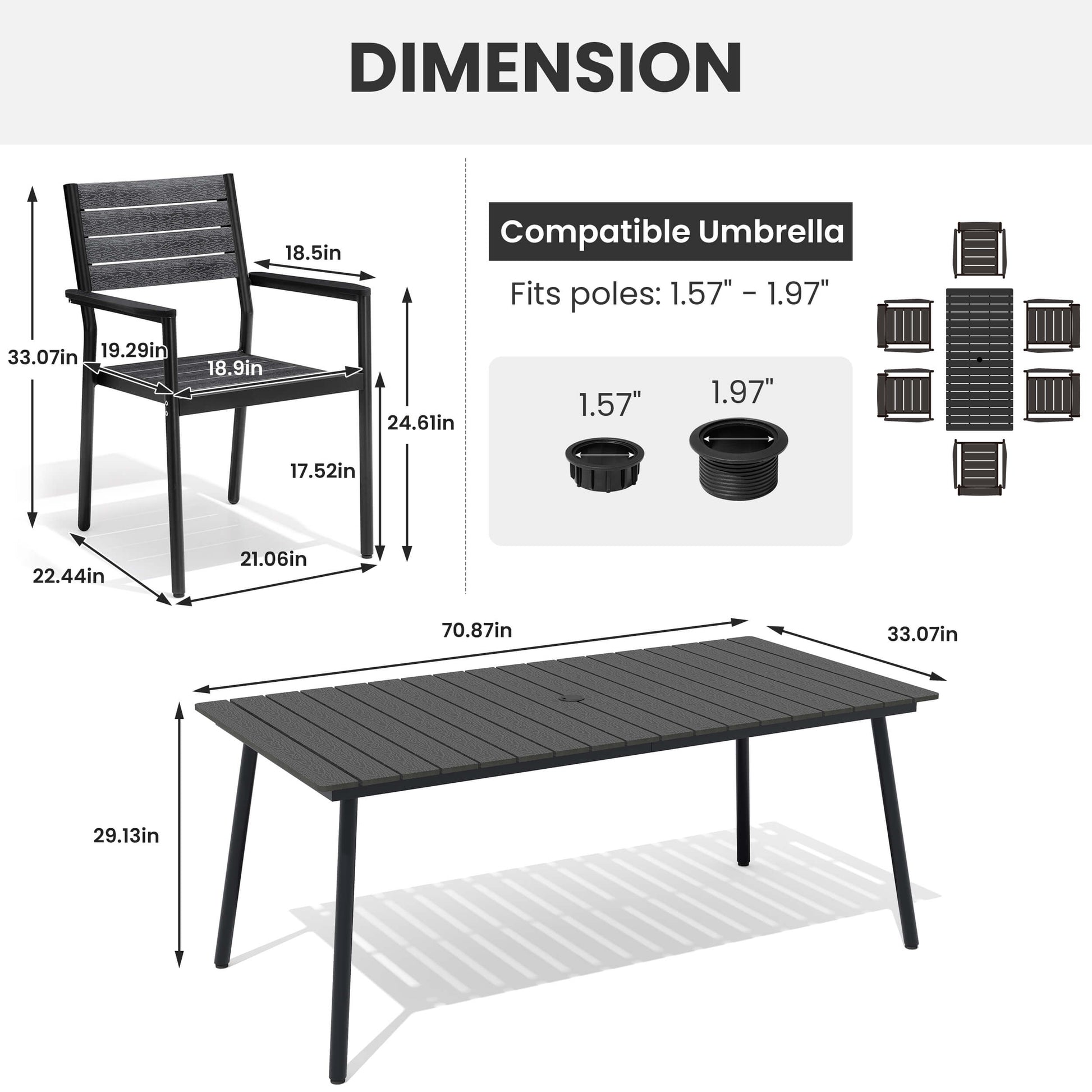 Dimensions diagram for 7-piece outdoor dining set with polywood table, chairs, and umbrella hole size.