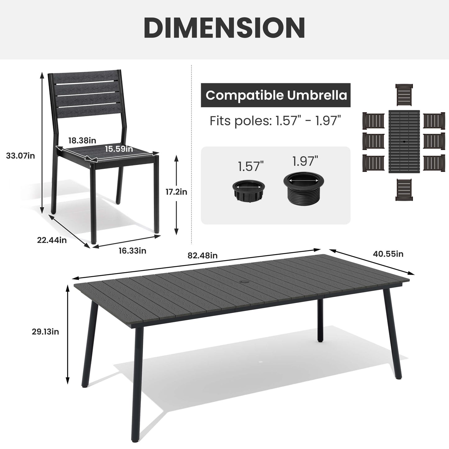 Dimensions diagram for 9-piece patio dining set with armless chair, large table, and umbrella hole sizes.