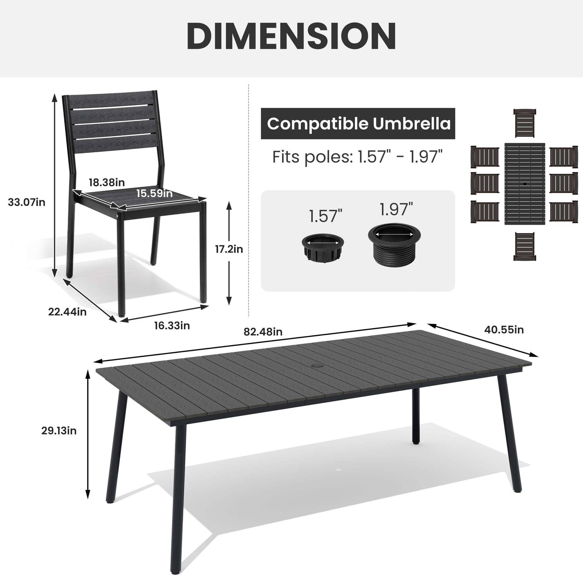 Dimensions diagram for 9-piece patio dining set with armless chair, large table, and umbrella hole sizes.