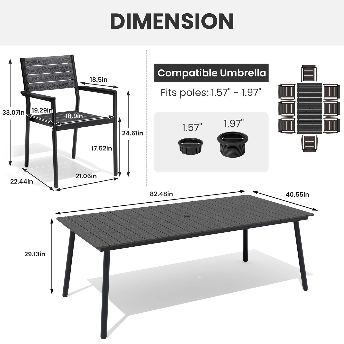 Dimension diagram of outdoor dining set showing chair, table, and umbrella hole size specifications.