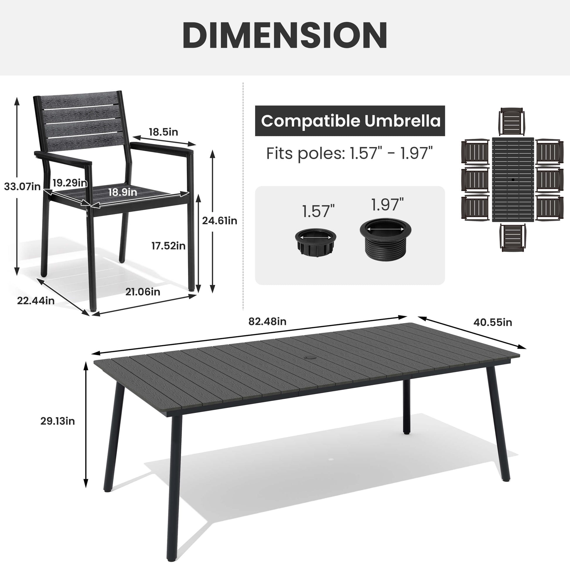 Dimension diagram of outdoor dining set showing chair, table, and umbrella hole size specifications.