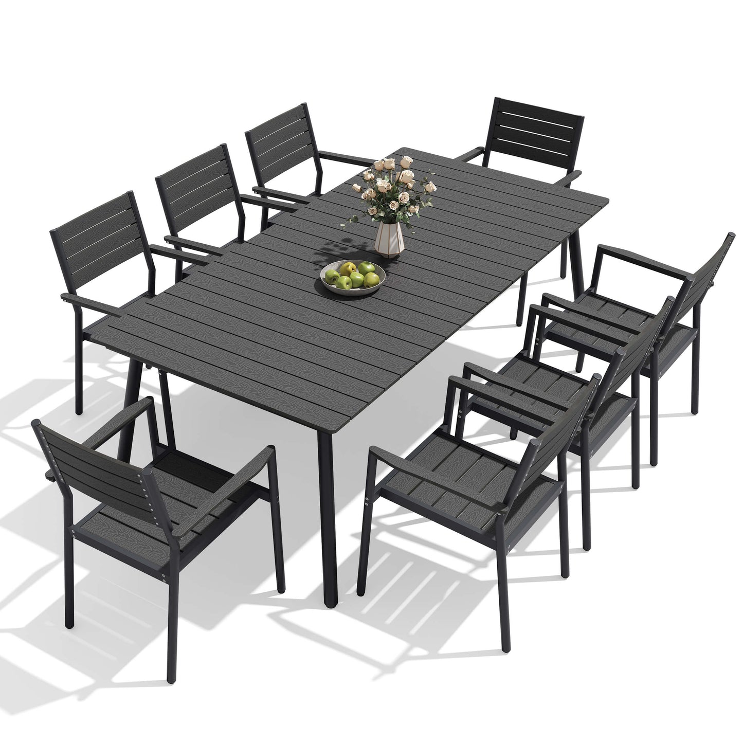 9-piece black aluminum outdoor dining set with polywood table and 8 chairs on white background.