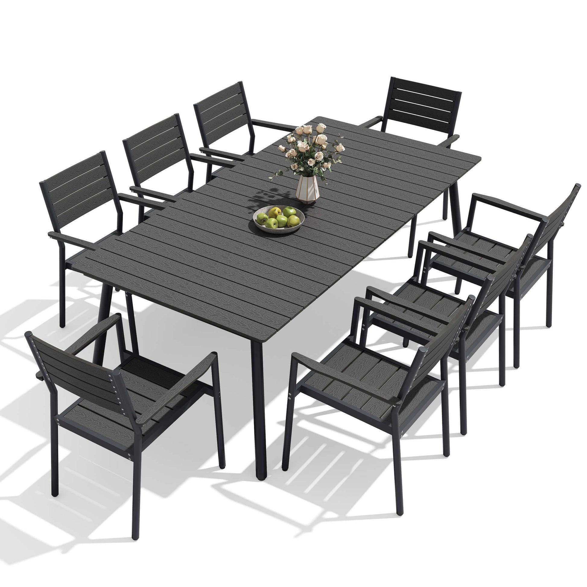 9-piece black aluminum outdoor dining set with polywood table and 8 chairs on white background.