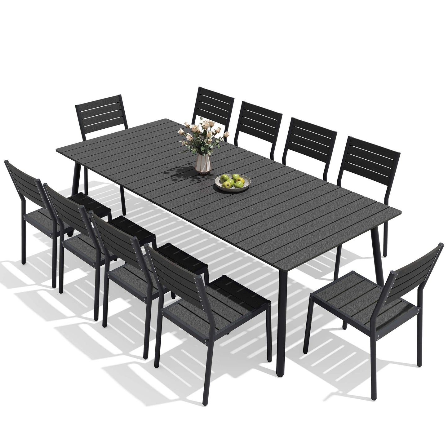 Black 11-piece outdoor dining set with large polywood slatted table and 10 armless chairs on white background.