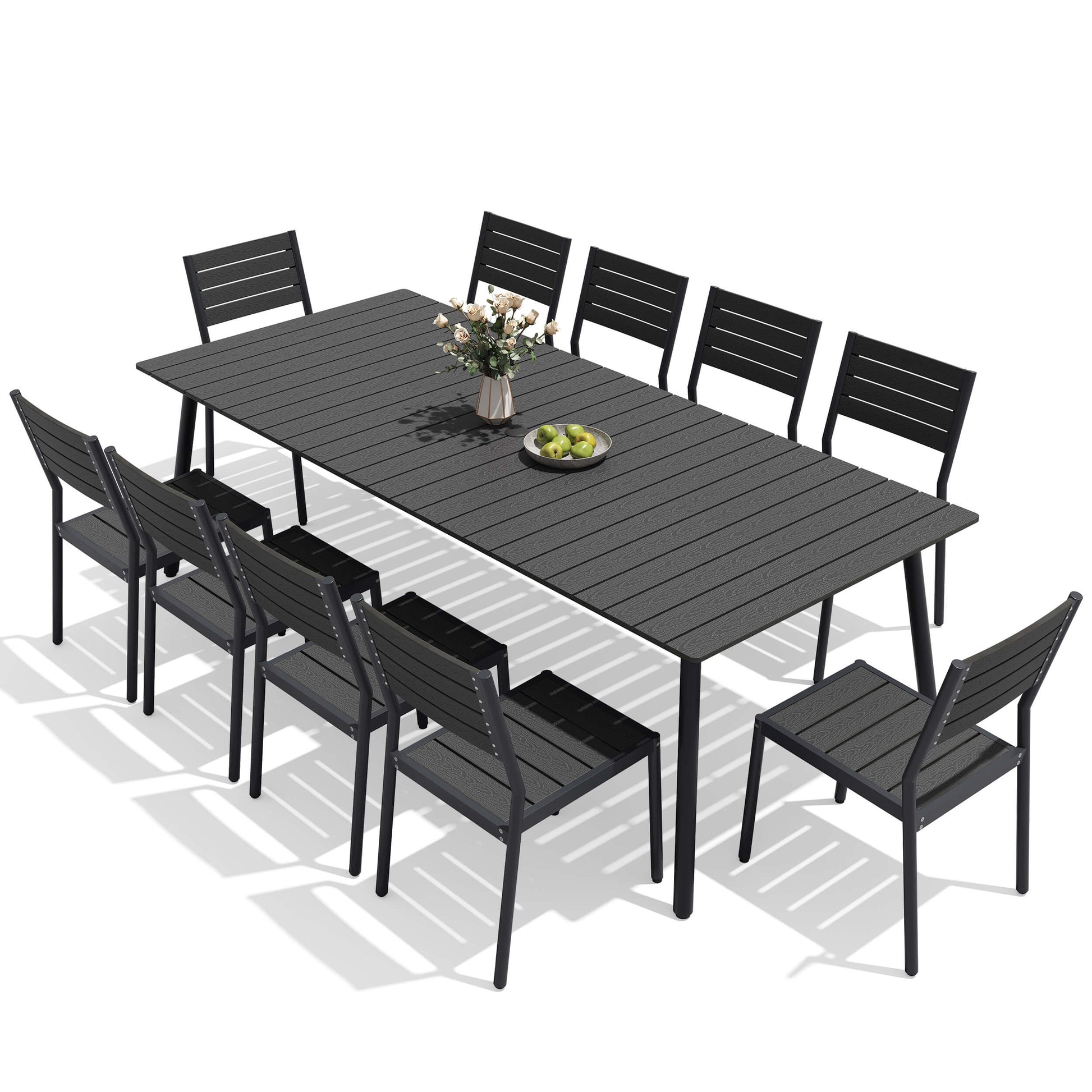 Black 11-piece outdoor dining set with large polywood slatted table and 10 armless chairs on white background.