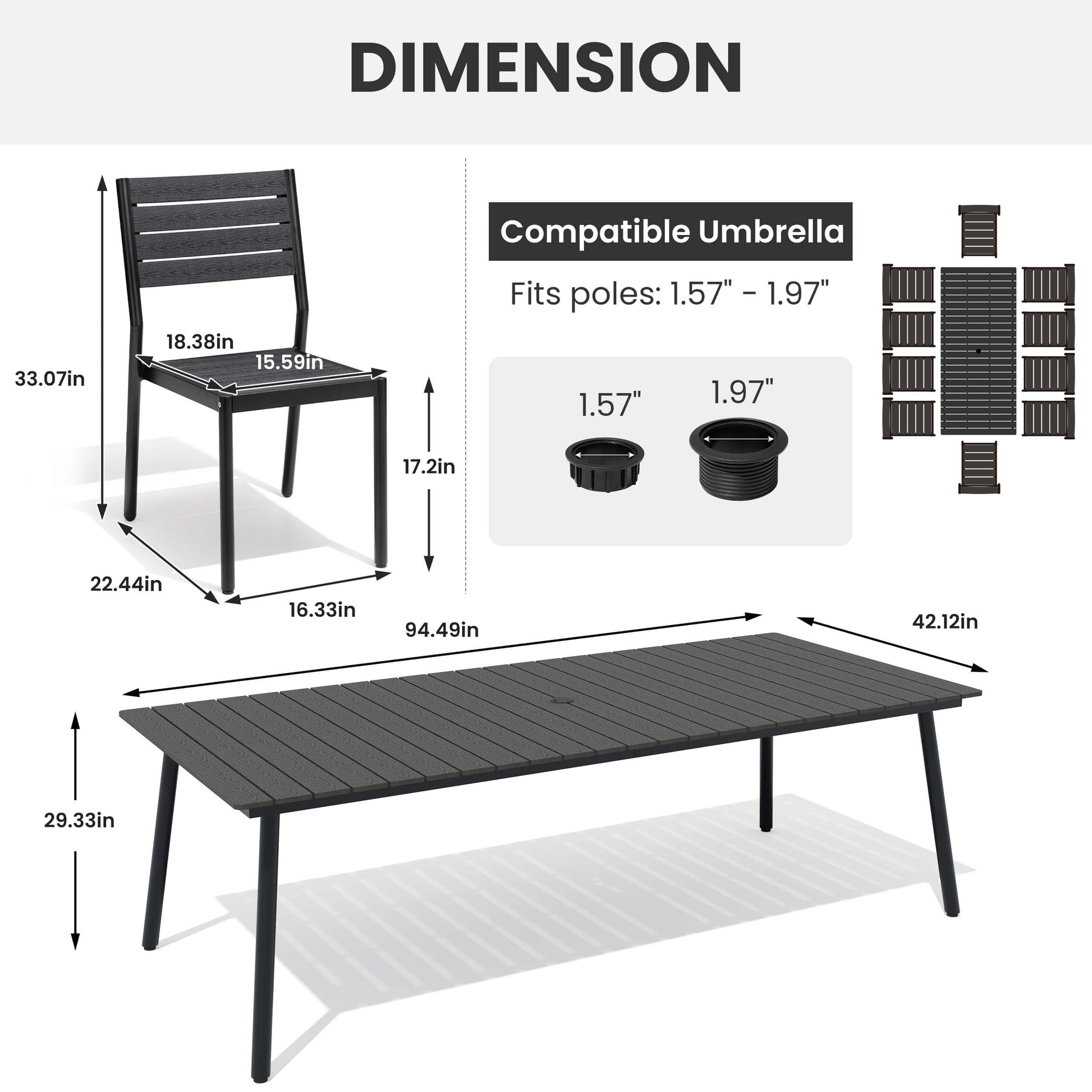 Dimensions diagram for 11-piece patio dining set showing chair, large table, and umbrella hole specs.