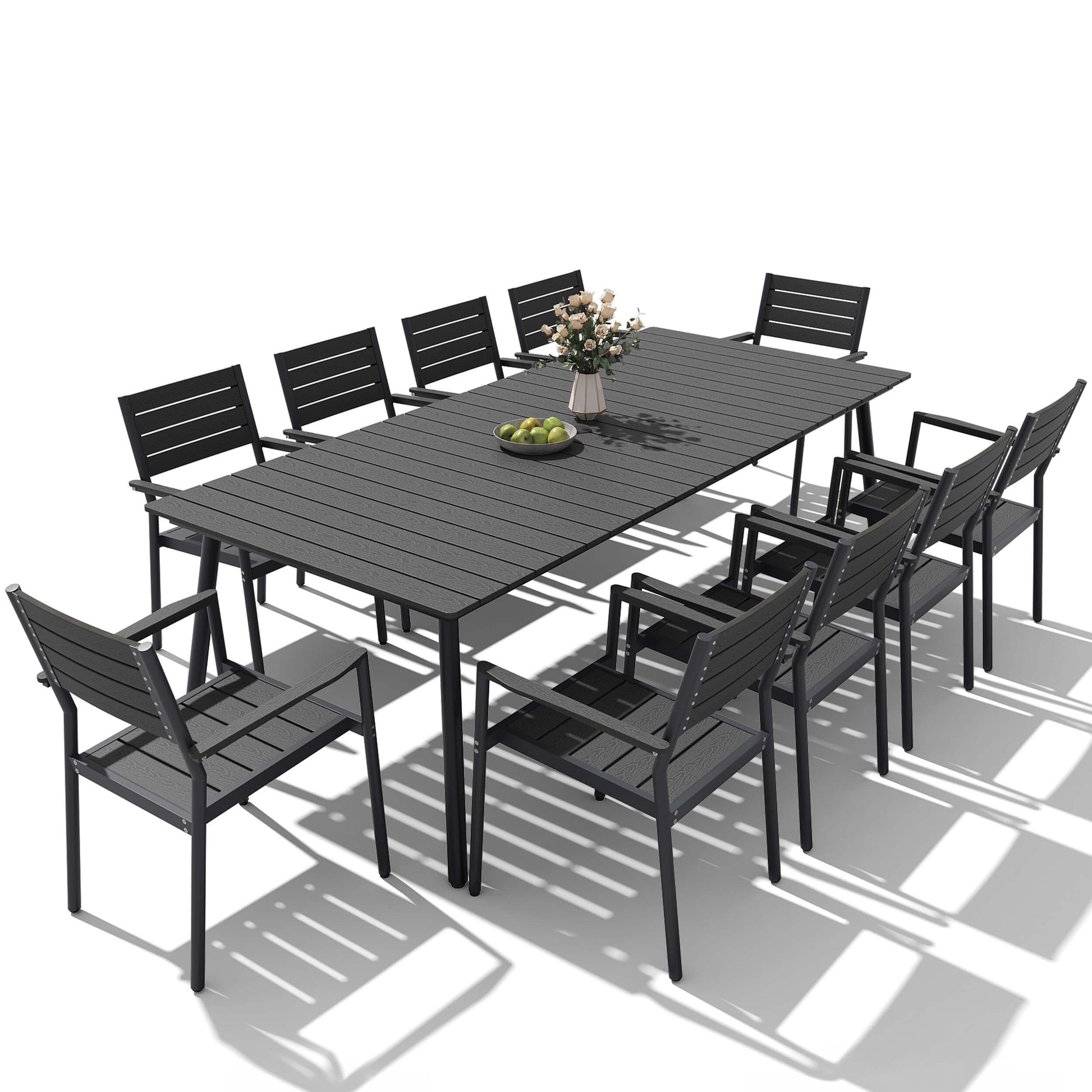 Black 9-piece patio dining set with large polywood table and 8 slatted armchairs on white background.