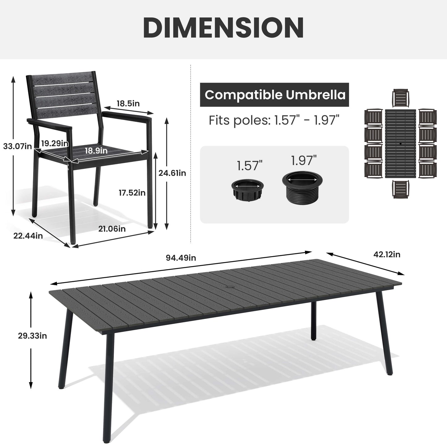 Dimensions diagram for 9-piece patio dining set showing chair, large table, and umbrella hole size.