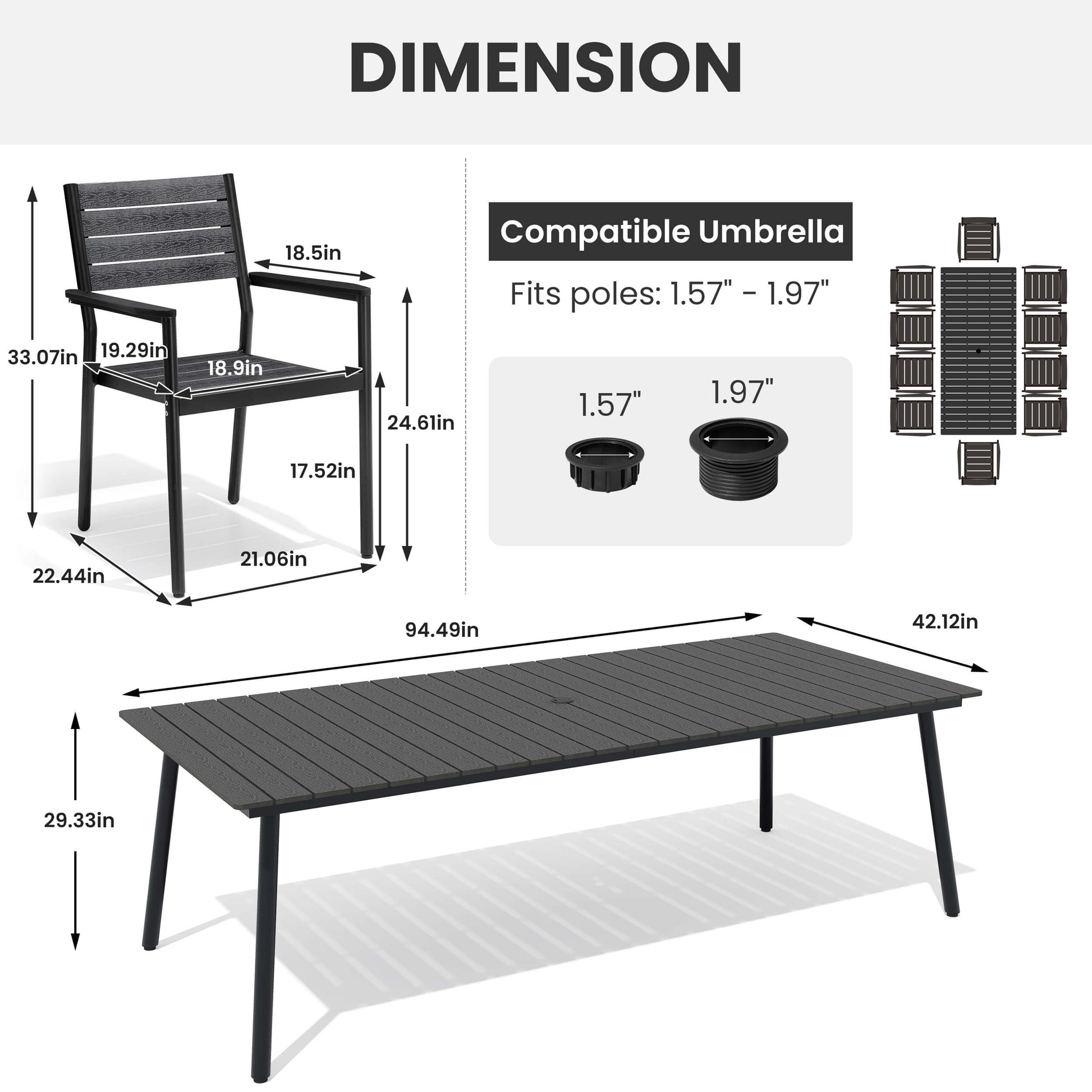 Dimensions diagram for 9-piece patio dining set showing chair, large table, and umbrella hole size.